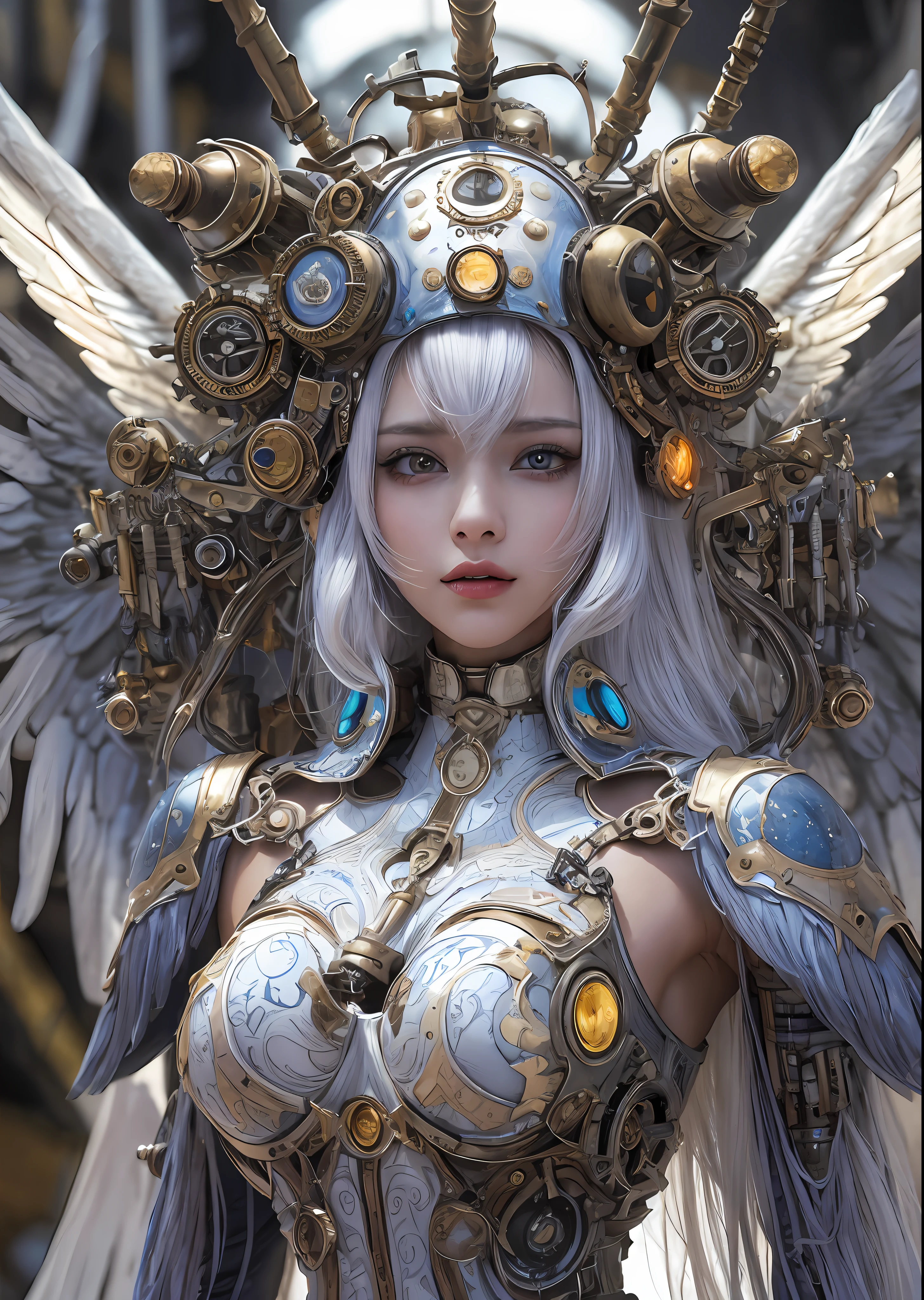top-quality、masterpiece、超A high resolution、(Photorealsitic:1.4)、Raw photo、Steampunk Battle Cyborg Angel、large wings made of metal、White porcelain body、Acrylic Clear Cover、white hair、glowy skin、1 steampunk cyborg girl、((super realistic details))、portlate、globalillumination、Shadow、octan render、8K、ultrasharp、character edge light,Colossal tits、Raw skin is exposed in cleavage、Details of complex ornaments、Details of the steam engine、Hydraulic cylinder、Small LED lamp、highly intricate detail、Realistic light、a purple eye、radiant eyes、Facing the camera、neon details、cowboy shot、Futuristic headgear、About steampunk、、
