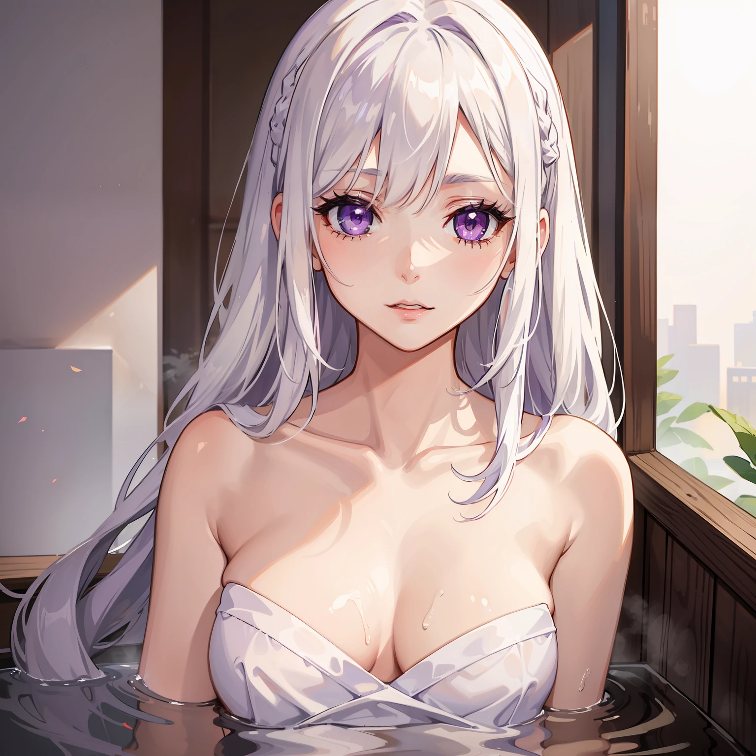 1girl, white hair, purple eyes, portrait, realistic, towel, (onsen), sidelighting, wallpaper, nsfw, masturbating, orgasm