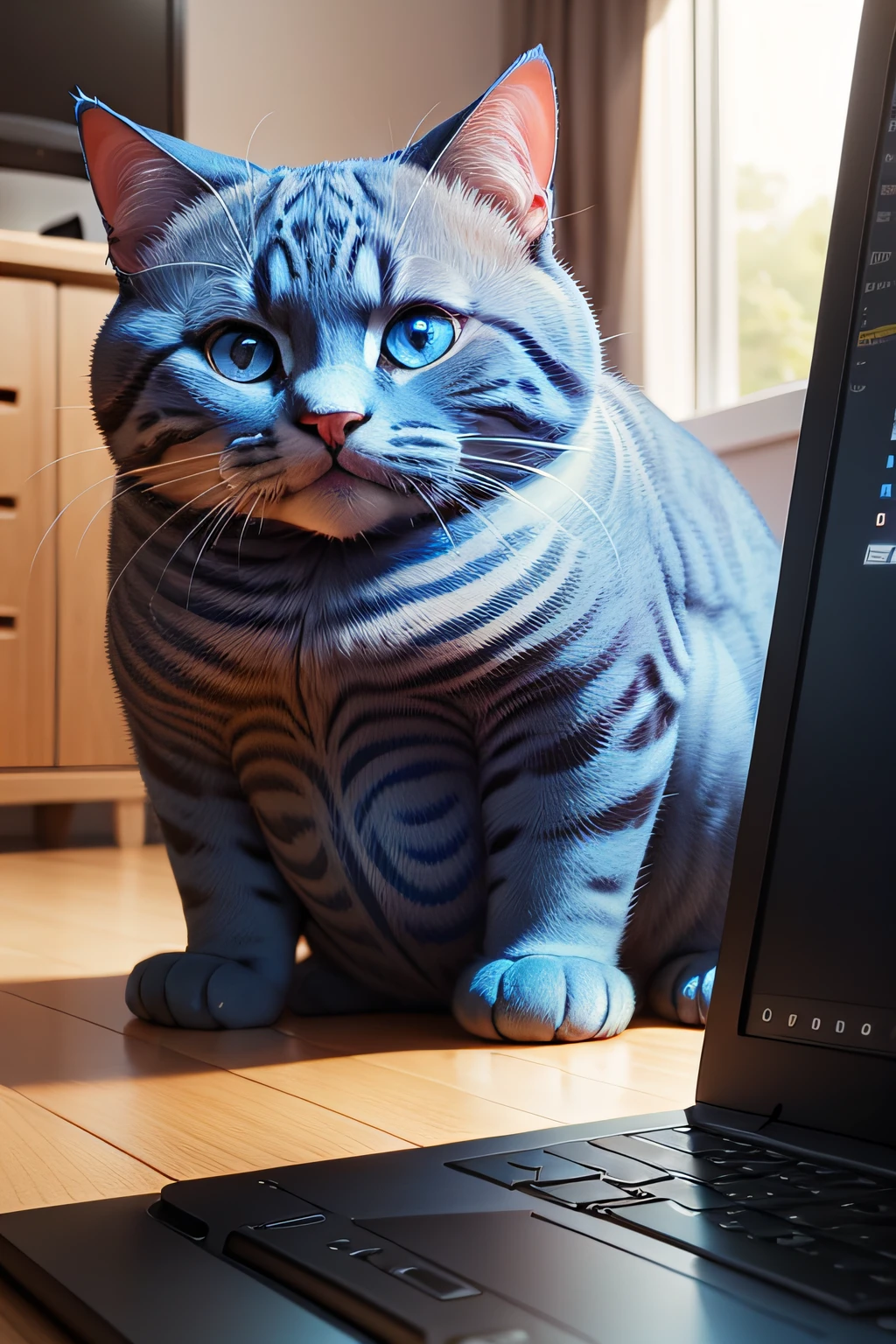 A chubby, blue cat with round eyes was lying on a computer keyboard facing me