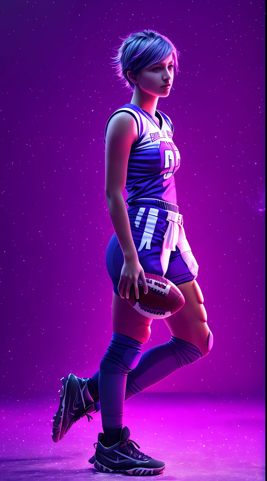 Beautiful girl plays American football、18yo, purple short hair, blue eyes,Conceptual art, best photo shot, glowing light, realistic, UHD, textured skin, masterpiece, anatomically correct, best quality, 8k, full body,
