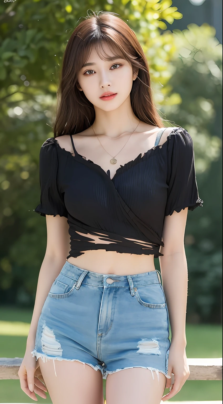 (top quality, 8k, masterpiece: 1.3), pretty woman with perfect figure: 1.4, dark brown hair, big, wearing pendant, torn shorts, in park, very detailed face and skin, detailed eyes, double eyelids, duo