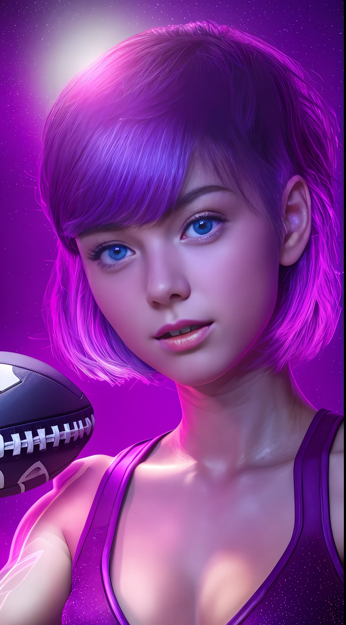 Beautiful girl plays American football、18yo, purple short hair, blue eyes,Conceptual art, best photo shot, glowing light, realistic, UHD, textured skin, masterpiece, anatomically correct, best quality, 8k, full body,