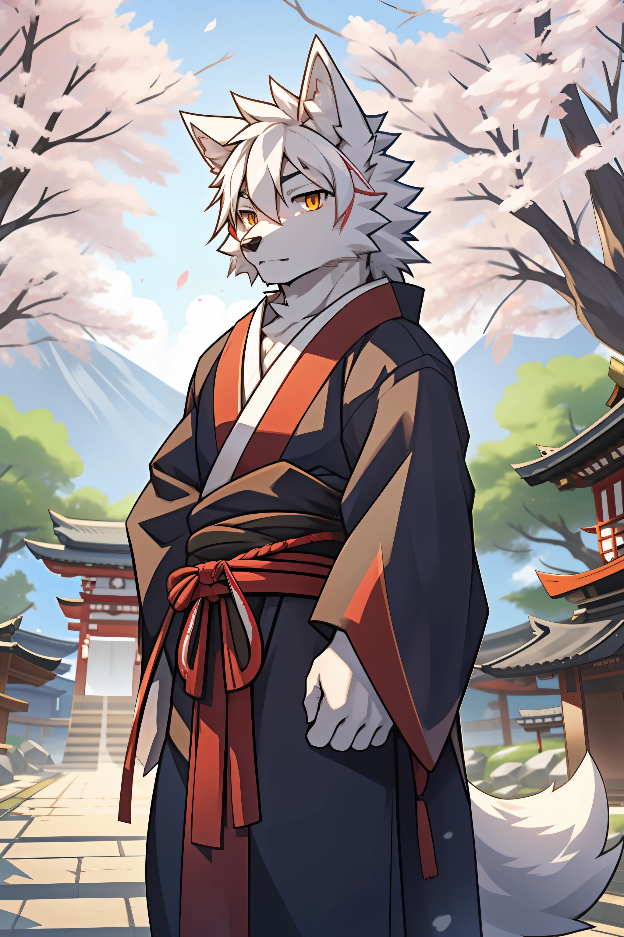 Shrines，under a sakura tree，Japanese style，solo person，White body，White ears，White hair，Overall white，Orange-yellow eyes，Wolf tail，Wolf orcs，Shiji Divine Wolf，Young，Wearing a Taoist robe，Ultra-clear screen，Soft lines