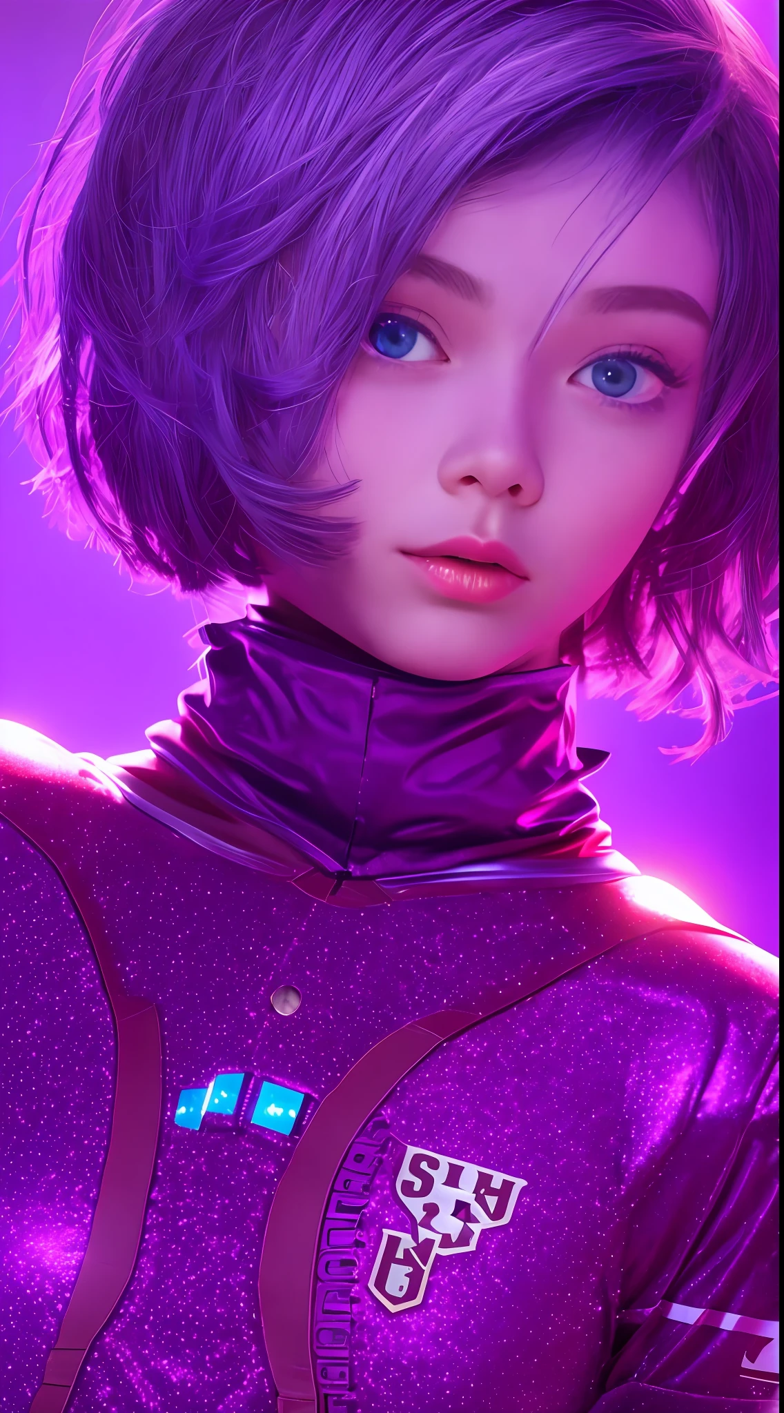 Beautiful girl plays American football、18yo, purple short hair, blue eyes,Conceptual art, best photo shot, glowing light, realistic, UHD, textured skin, masterpiece, anatomically correct, best quality, 8k, full body,