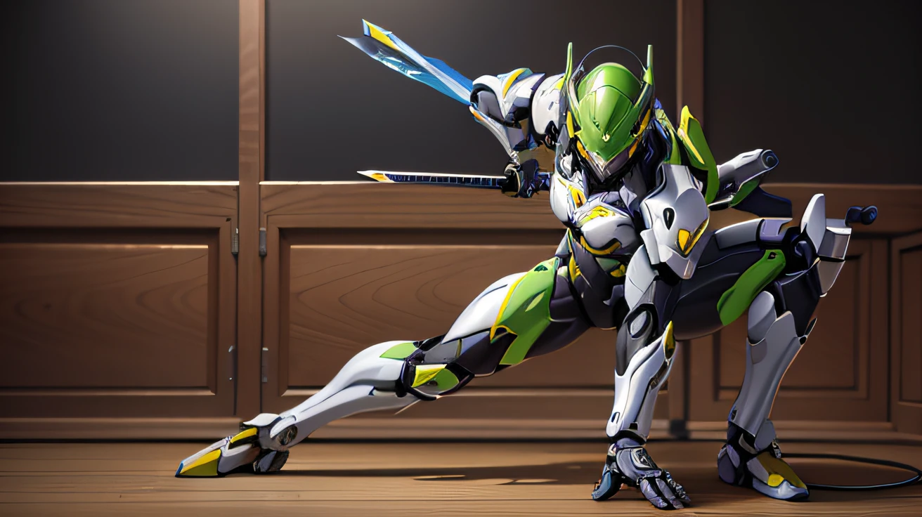 Mecha(realisticlying:1.2),(realisticlying:1.2),tmasterpiece,best qualtiy,ultra - detailed,very detailed illustration,The is very detailed,Complicated details,A high resolution,super complex detail,Very detailed 8k CG wallpaper with anime characters with sword and yellow light, 《Overwatch》genji , genji, Best anime 4k konachan wallpaper, high quality warframe fanart,complex mechanical bodysuit,Holding a katana,