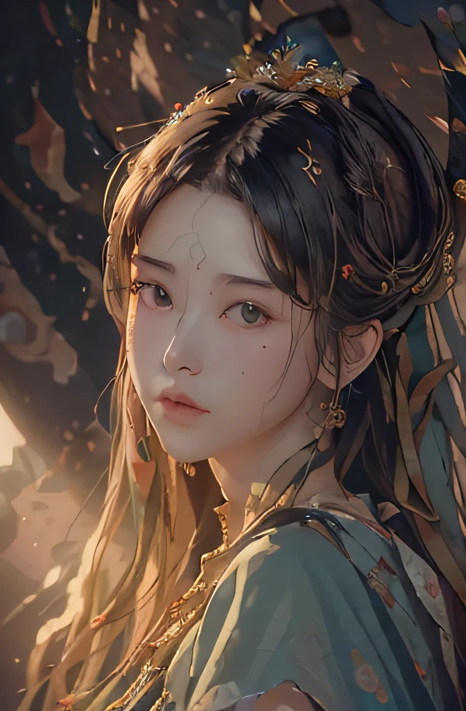 (RAW photo, best quality), (realistic, photo-realistic:1.3),best quality,highly detailed,masterpiece,ultra-detailed,illustration,1girl,upper_body,dynamic angle,world masterpiece theater,messy_long_hair,best quality,extremely detailed CG unity 8k wallpaper,ink,Amazing,cinematic lighting,lens_flare,,dunhuang_style