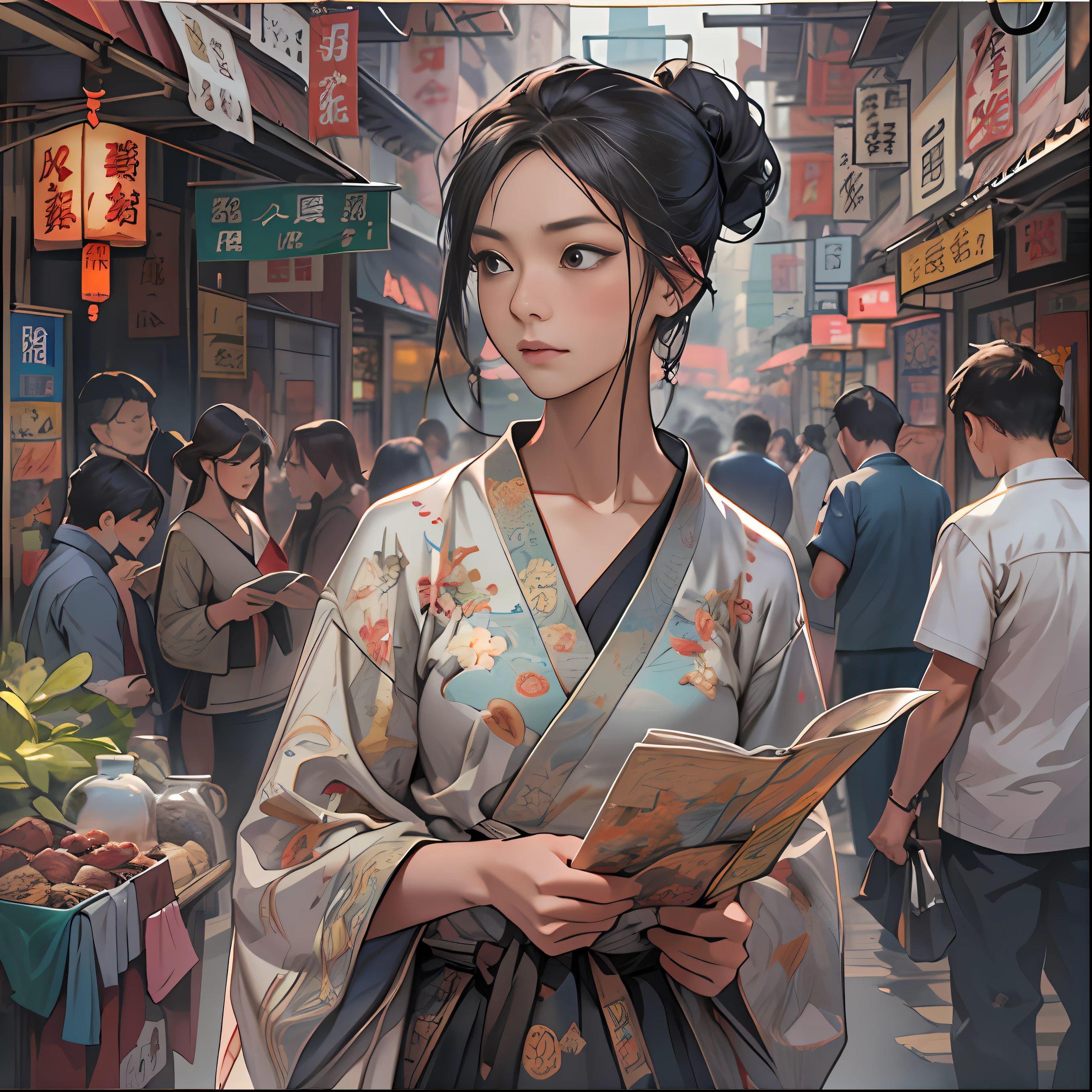 A young woman named Yang Feiyue standing on a busy street, Map in hand, Surrounded by various stalls, With a hint of disappointment and confusion on her face, ,In the style of star art group Xing, 32K, Best Quality, masutepiece, Super Detail, high details