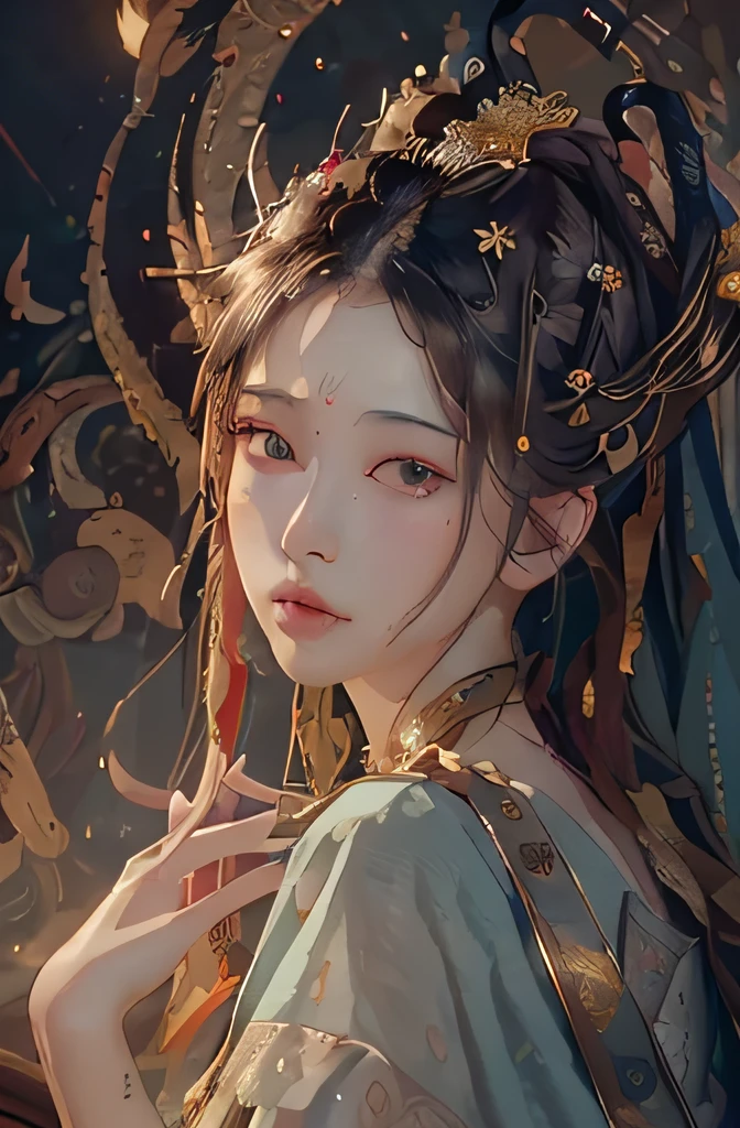 (RAW photo, best quality), (realistic, photo-realistic:1.3),best quality,highly detailed,masterpiece,ultra-detailed,illustration,1girl,upper_body,dynamic angle,world masterpiece theater,messy_long_hair,best quality,extremely detailed CG unity 8k wallpaper,ink,Amazing,cinematic lighting,lens_flare,,dunhuang_style