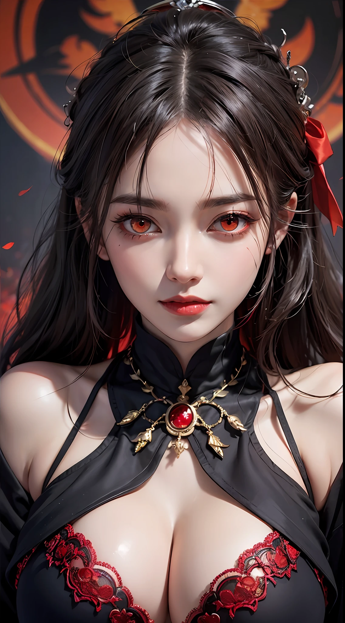 1 beautiful devil woman from hell, surreal female portrait by David Hockney and Alphonse Mucha, fantasy art, chinese doll, photorealism, dynamic lighting, artstation, poster, volumetric lighting, very detailed faces, 8k ultra, awarded, in the dark, low key, cowboy lens, (Red phoenix dress: 1.0), long hair, black hair, bust, devil's Palace, devil crown, red eyes make up very sharp and detailed, the most beautiful face, super tight breasts, breast augmentation, the breasts are very big and round and round, super realistic, chinese women's clothing, polo neck sweater, charming smile, the eyes are very well made up, ((red eye:1.6)), guweiz, devil style, wearing black mesh socks, ponytail with a bow tied at the back of the hair, plump and beautiful red lips, wearing a thin red and black robe, Hands pull the straps to reveal sexy breasts, the landscape is overcast and thunderous, beautiful female devil portrait, close-up of the main character, (detailed spooky background:0.8), HDR, UHD, 8kquality, detailed pixel, facing the beautiful girl, looking at the girl body,
