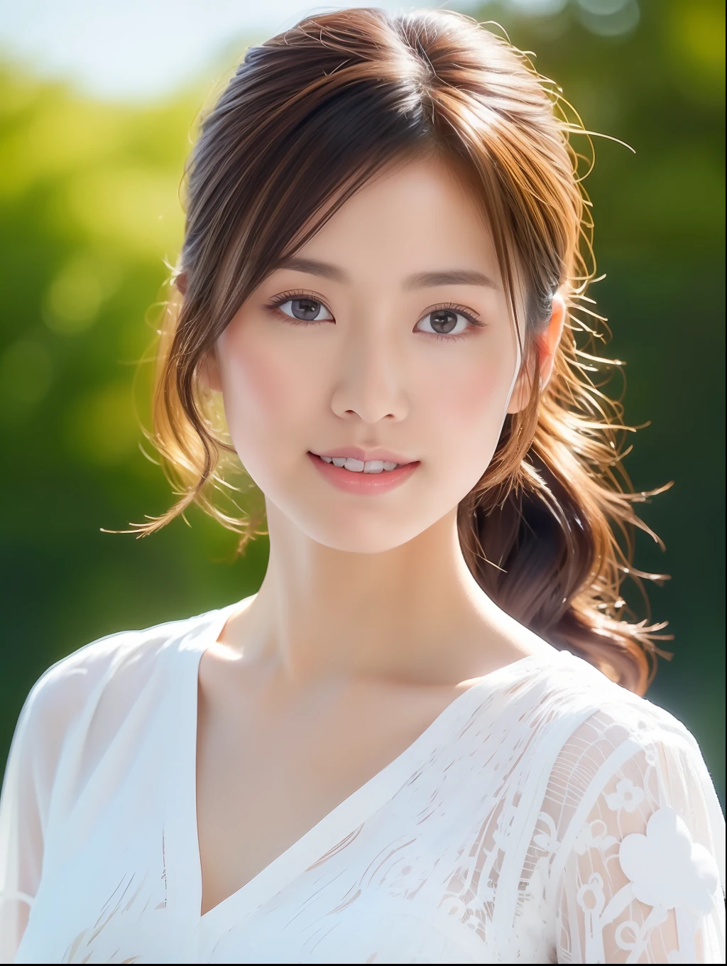 (1girll:1.0), (8K, Best quality, tmasterpiece), (Realistic, photo-realistic:1.37), ultra - detailed, adolable, 独奏, cute Japan woman,brown hair,By bangs, curlies, hair over shoulders, pony tails,Beautiful and delicate eyes,Eyes speak,long eyelasher, Moisturizes skin, Professional Dress, (V-neck shirt:1.1),and the sun was shining brightly,Beautiful detailed sky