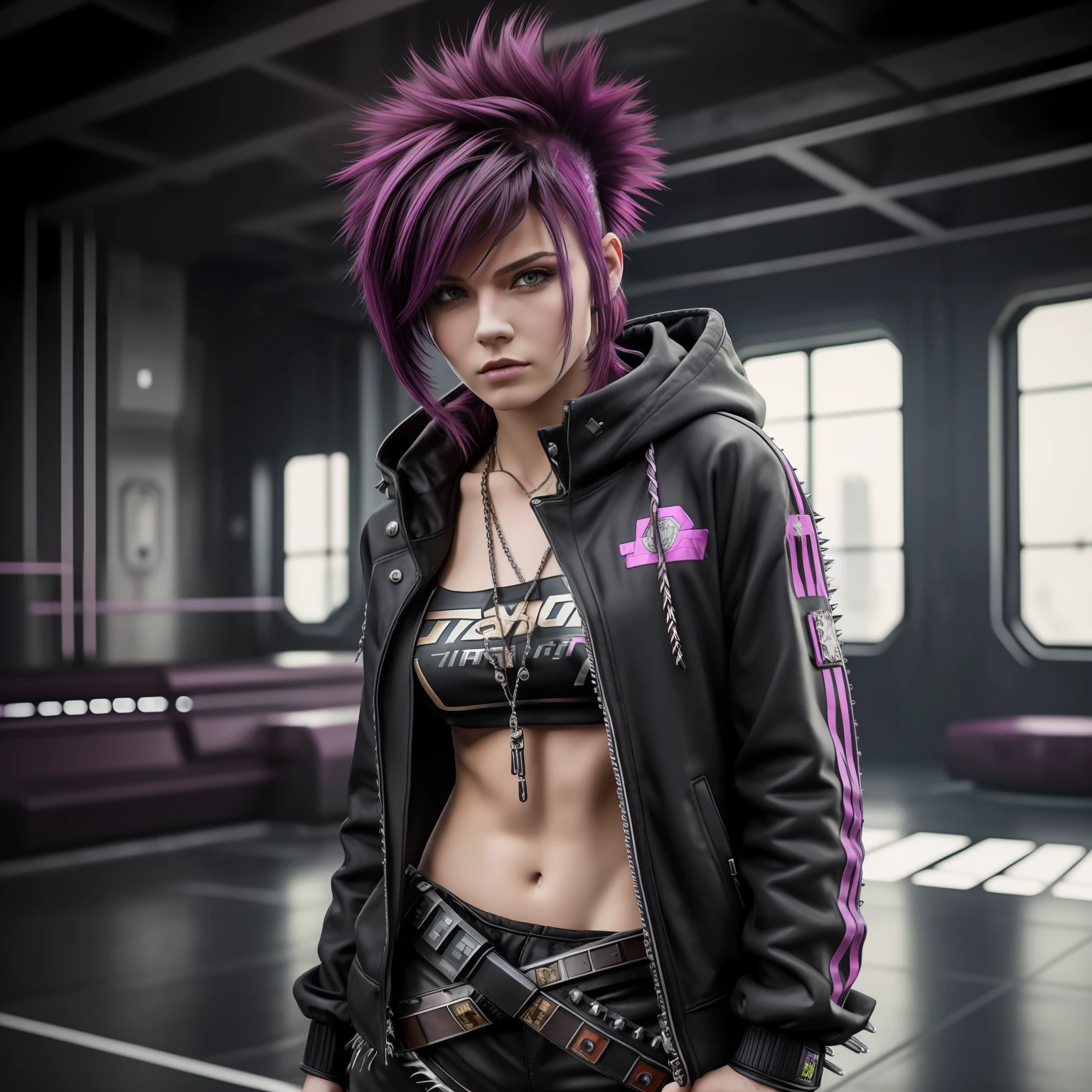 (Best Quality, Masterpiece, detailed: 1.4), cowboyshot, a gorgeous russian woman portrait, (solo:2.0), spiked hair, long bangs, dark hoodie, shorts, magenta hair, (punk style), cyberpunk, hackers