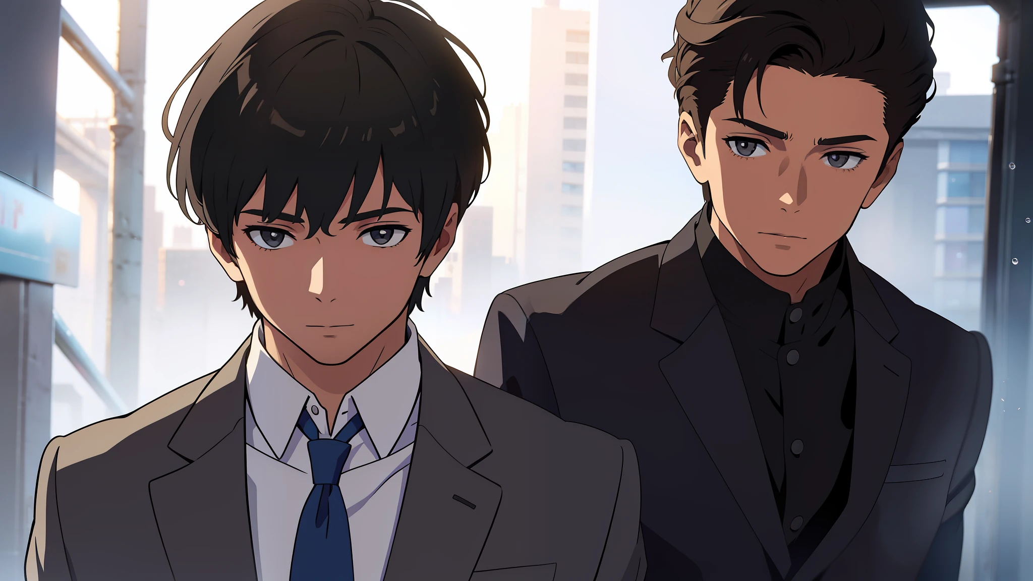 A boy in a gray suit，The boy's facial features are delicate，The suit is delicately portrayed