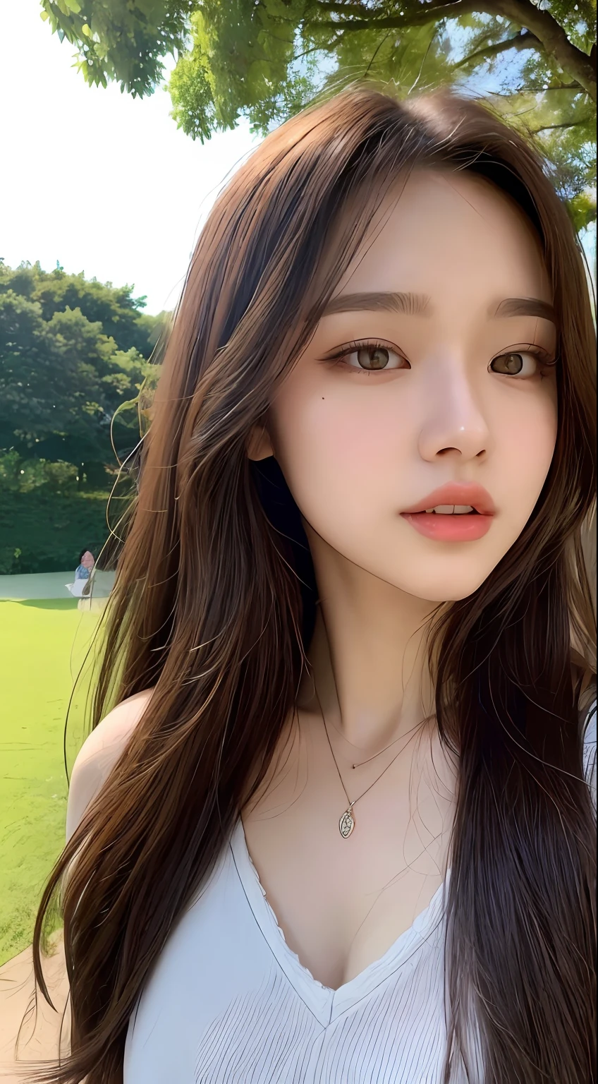 (top quality, 8k, masterpiece: 1.3), pretty woman with perfect figure: 1.4, dark brown hair, big, wearing pendant, torn shorts, in park, very detailed face and skin, detailed eyes, double eyelids, duo