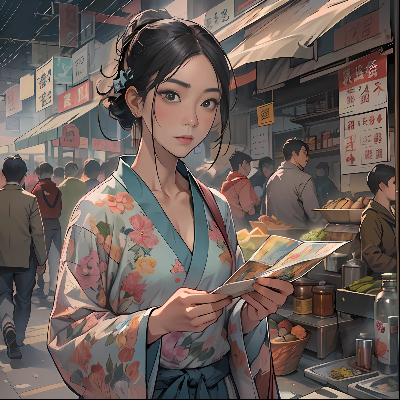 A young woman named Yang Feiyue standing on a busy street, Map in hand, Surrounded by various stalls, With a hint of disappointment and confusion on her face, ,In the style of star art group Xing, 32K, Best Quality, masutepiece, Super Detail, high details