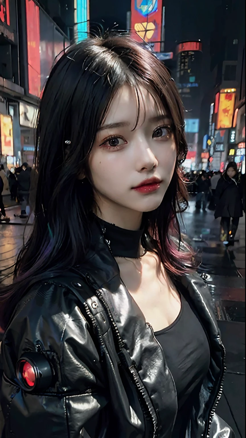 ((Best Quality)), ((Masterpiece)), (High Definition:1.3), 3D, Beautiful (Cyberpunk:1.3) Hacker woman with colored hair, black clothes looking at camera, young, young