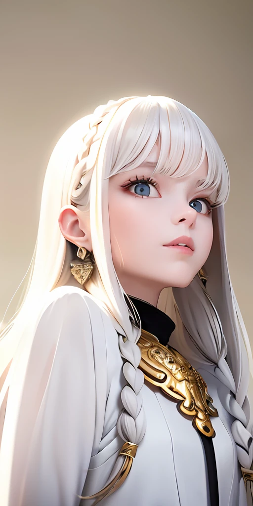 best quality, masterpiece,white hair, gold eyes,white clothes, looking up, upper body,hair strand,Fair skin,side braids