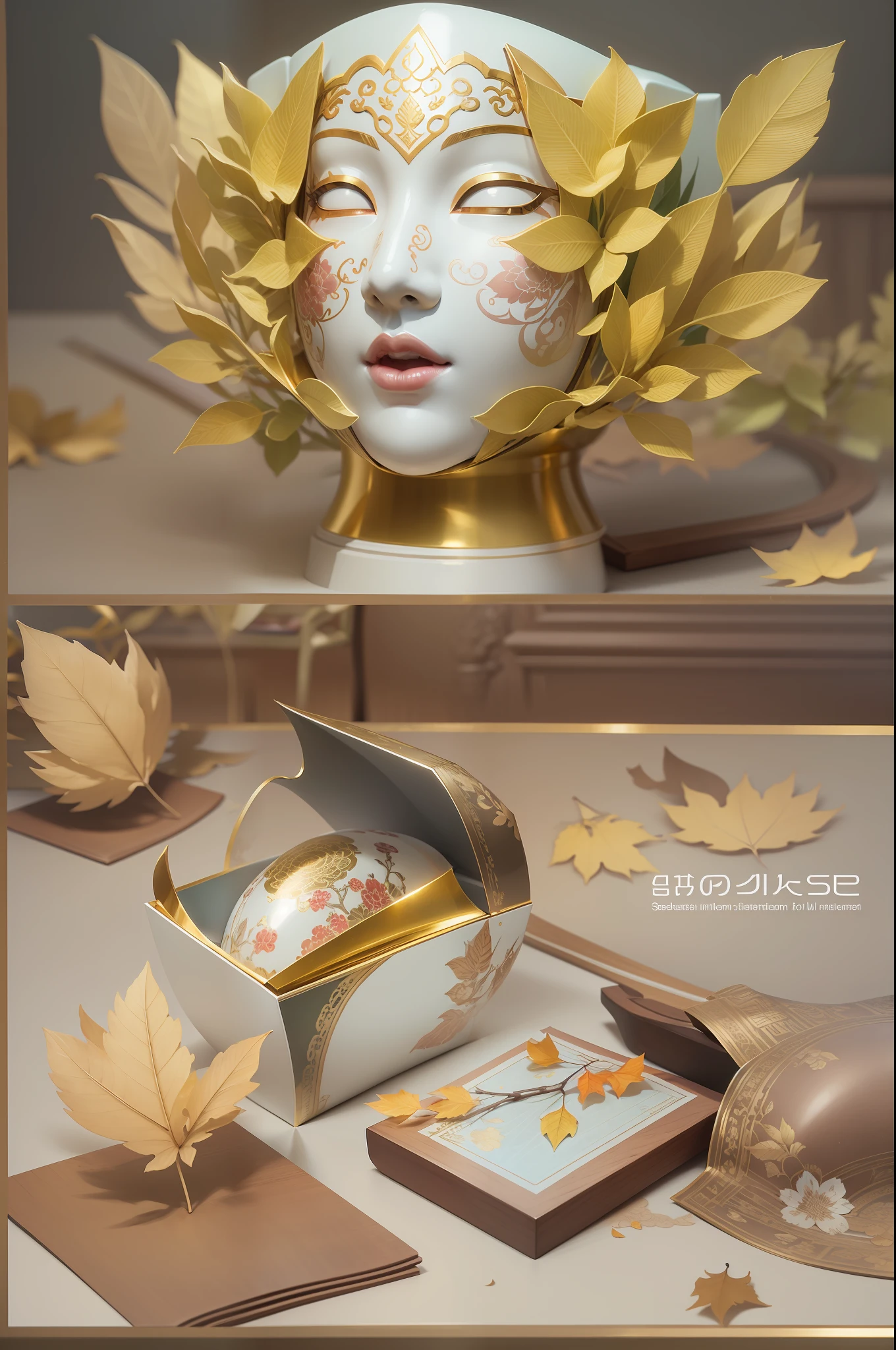 Mask packaging display drawing，On a table，Gold leaves flying，product image，3D，tmasterpiece，best qualtiy，（The is very detailed的 CG unified 8k 壁纸）（best qualtiy），（Most Best Illustration），（Best shadow）The natural delicate leaves of petals of various colors fall in the air ray tracing，Super detailed - chinoiserie，classical
