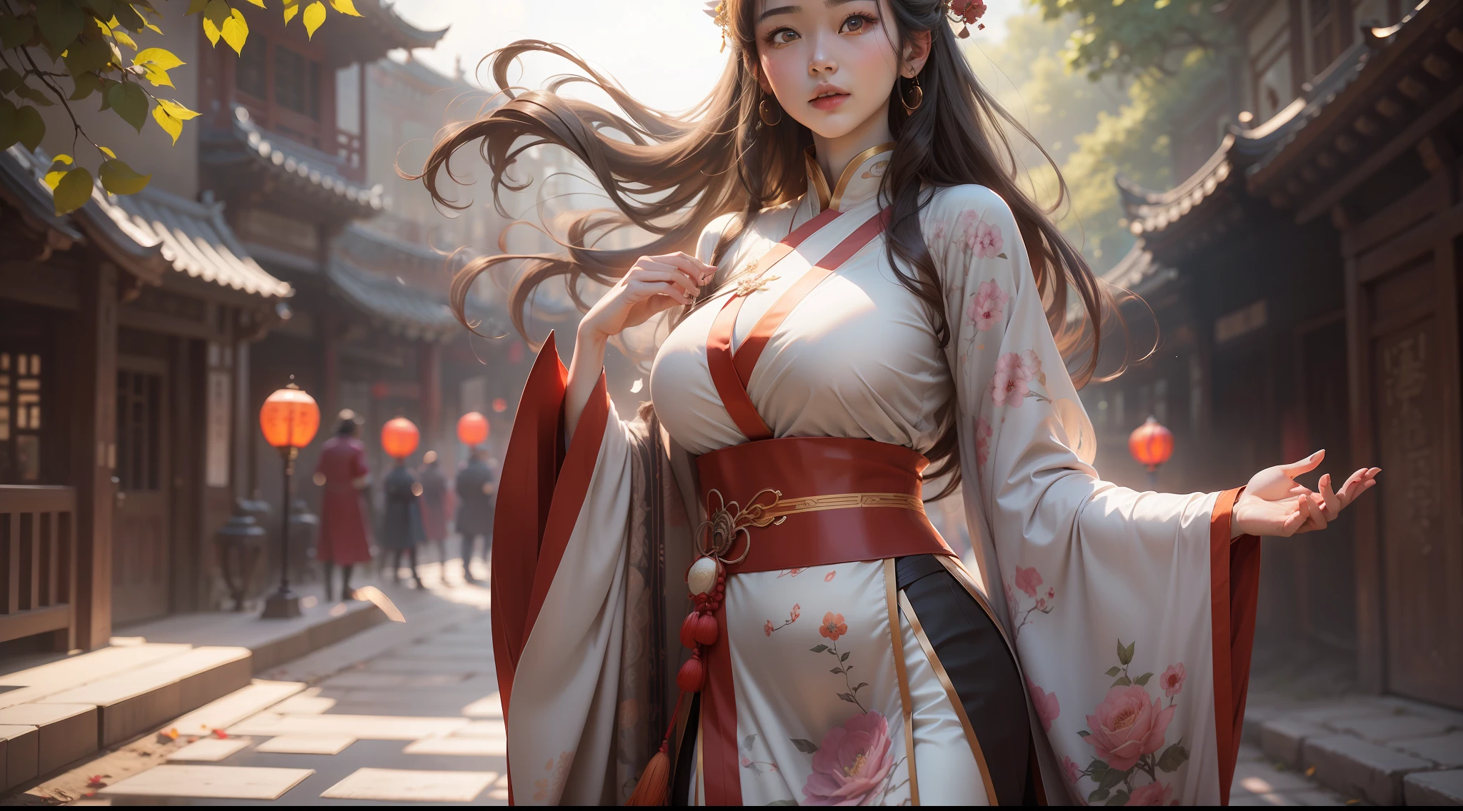 High quality photo retouching1.2 times,anime big breast,Chinese ancient style,Masterpiece quality,exquisitedetails,Best visual enjoyment,Super delicate,8K beautiful wallpapers created by the Unity engine,a masterpiece of art,best qualityer,Unique beauty,Detailed details,Perfectly presented,A high resolution,Beautiful face and subtle facial details,film level light effect,A beautyful girl,Perspective perspective,that attracts attention,fully body photo,Outdoor Scene,Gesture behind your hands,wearing a hanfu。