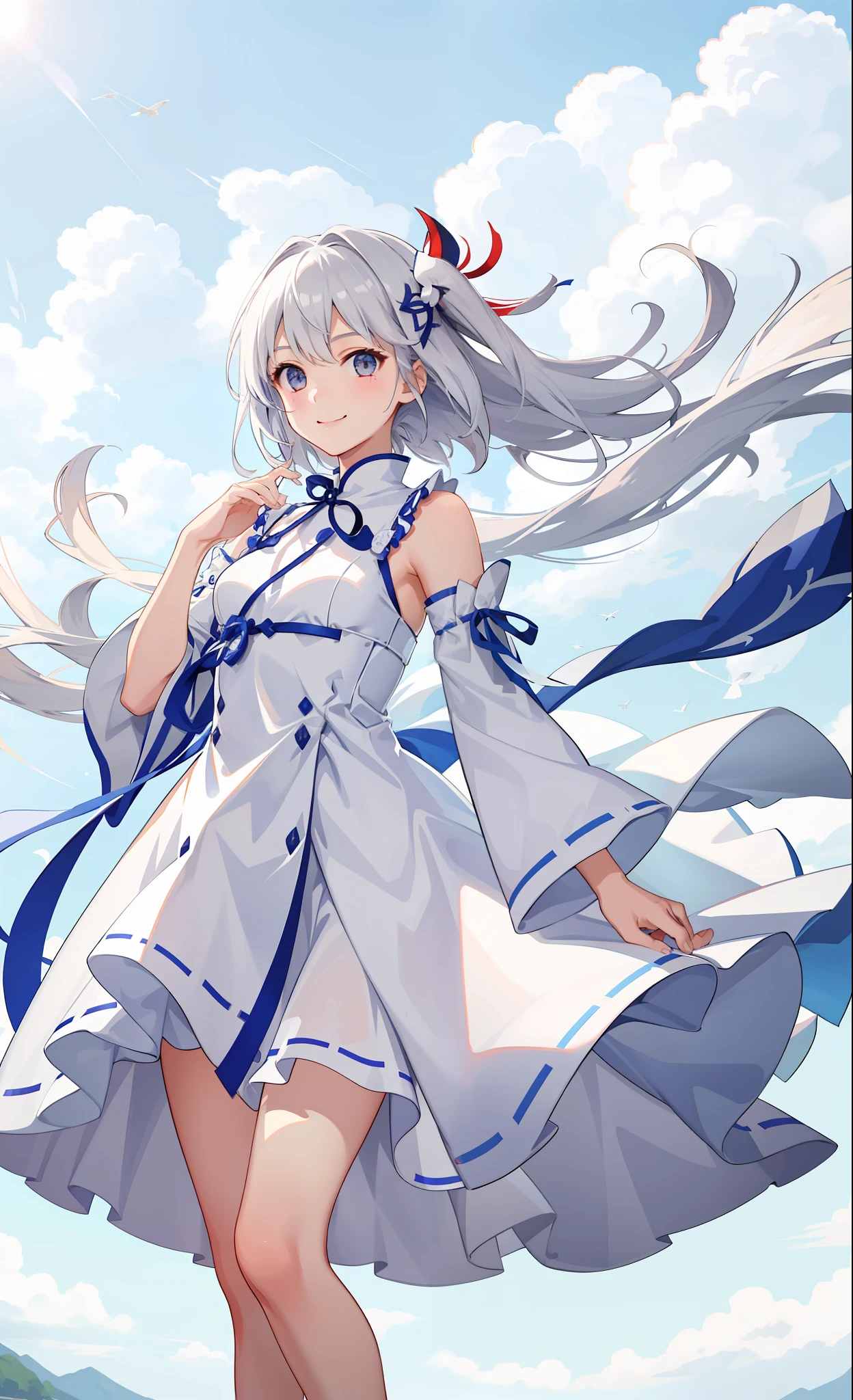 1girl in、A smile、White fluffy dress、the wind、夏天、