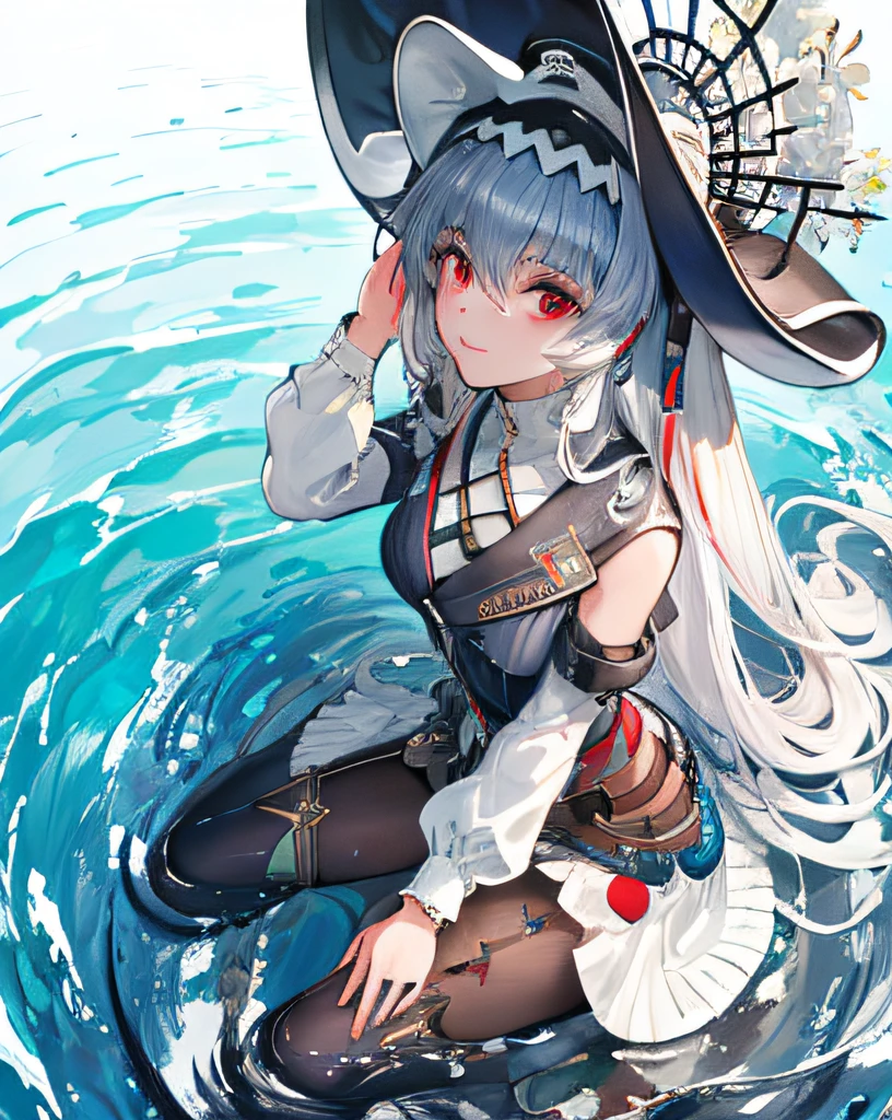 masterpiece,best quality,ultra-detailed,very detailed illustrations,extremely detailed,intricate details,highres,super complex details,extremely detailed 8k cg wallpaper,cowboy shot, caustics,reflection,tracing, (1girl:1.4),solo,alone, headgear, long hair,hair, hair between eyes, multicolored hair, colored inner hair, red eyes,glowing eye,eye trail, random expressions,sitting,ocean, full body, cetus,coda,ocean,coralcoast,cowboy shot, sitting,