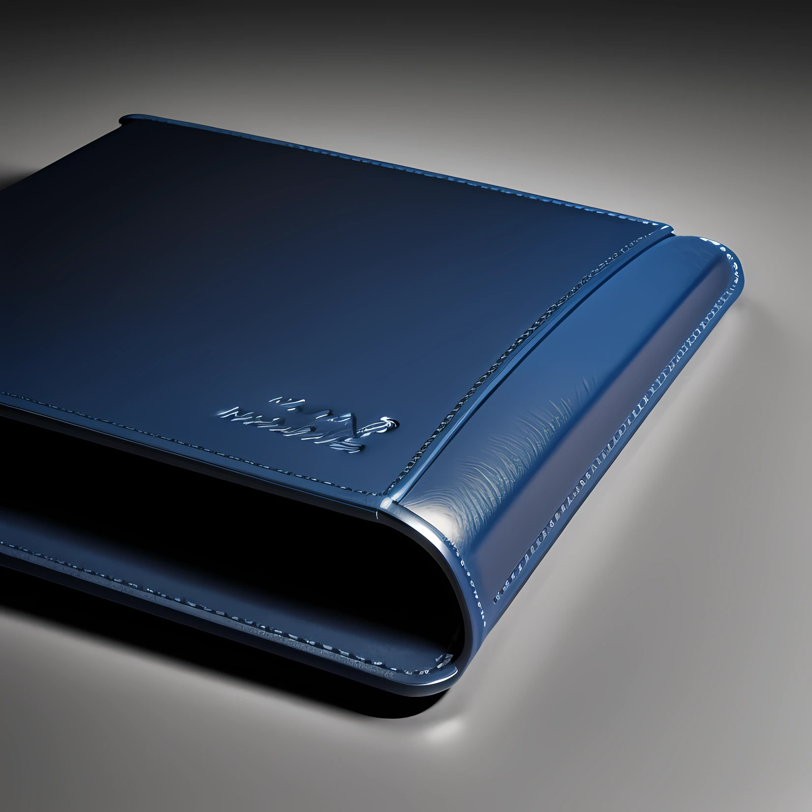 There is a blue leather folder on the table, product design shot,Close-up Shot Shot,close angle,Bottom view,luxury journal cover, Stereoscopic product rendering, product design render, 3 d product render, GRAPHITE, photoreal render, exquisite and smooth details, briefcase, author:Matthias Wescher,Natural light and shadow