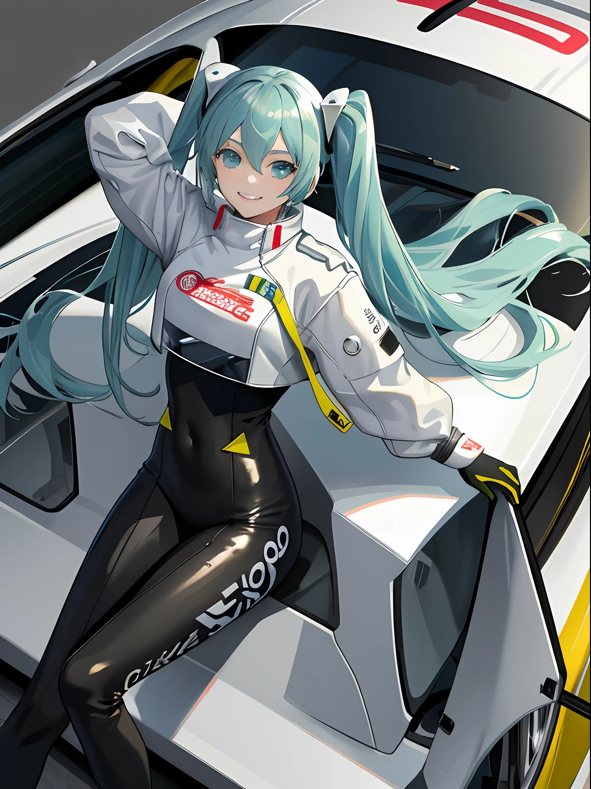 masterpiece,(ultra-detailed),1girl, smile, car,  racecar, circuit,  racing miku, black bodysuit, cropped jacket, white jacket, long sleeves, two-tone gloves, thigh boots,