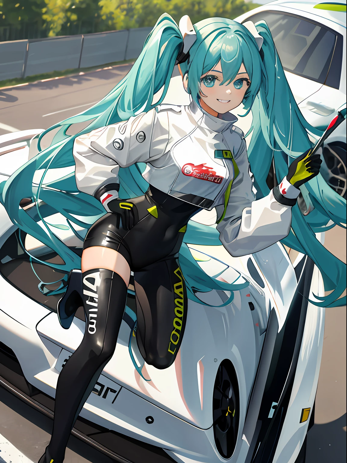 masterpiece,(ultra-detailed),1girl, smile, car, racecar, circuit, racing miku, black bodysuit, cropped jacket, white jacket, long sleeves, two-tone gloves, thigh boots,