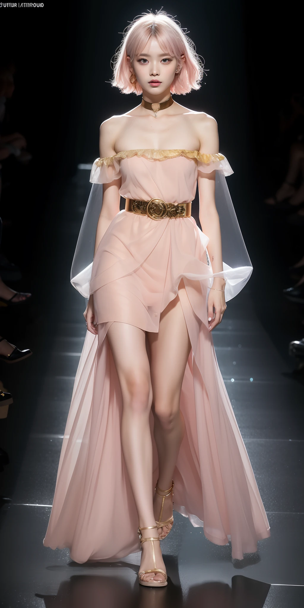 (Best quality, 8k, 32k, Masterpiece, UHD:1.2),Photo of Pretty Japanese woman, 1girl, (medium-short yellow pink hair), double eyelid, fashion model,1.77meters, beautiful , contemporary cut,unique maxi very wet pink dress with slit, off-shoulder, gold belt, choker, stand tall, runway, huge stage, Paris Collection, nsfw, full body, see through,,see-through_blouses,(Medium shot:1.4)