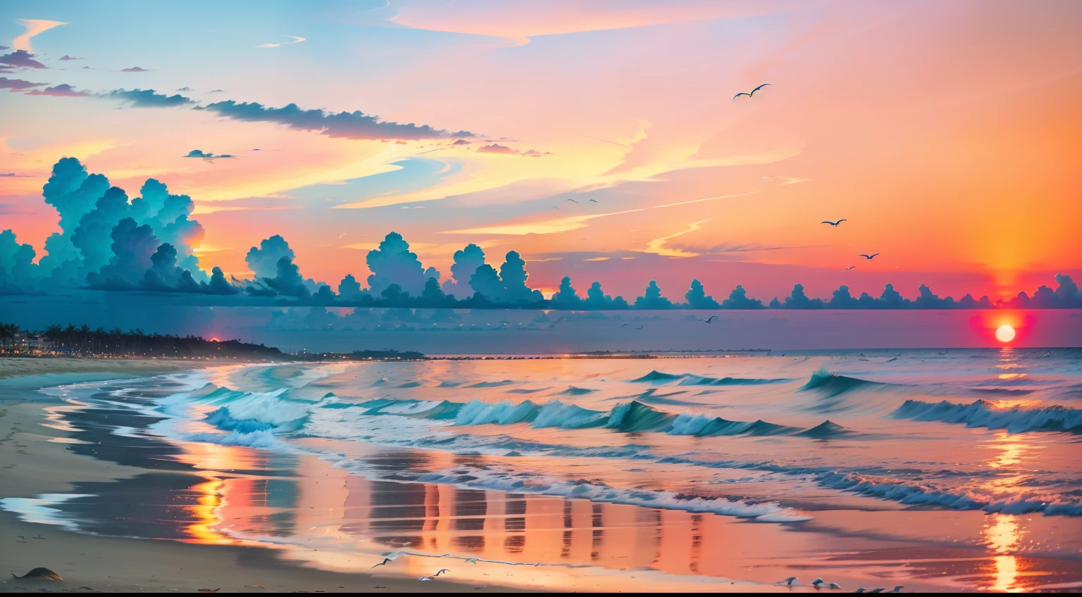 An absolutely mesmerizing sunset on the beach, with a mix of orange, pink, and yellow in the sky. The water is crystal clear, gently kisses the coast, and the white sand is endless. The scene is dynamic and breathtaking, with seagulls soaring high in the sky and palm trees swaying softly. Immerse yourself in the calm atmosphere and let the serenity surround you.