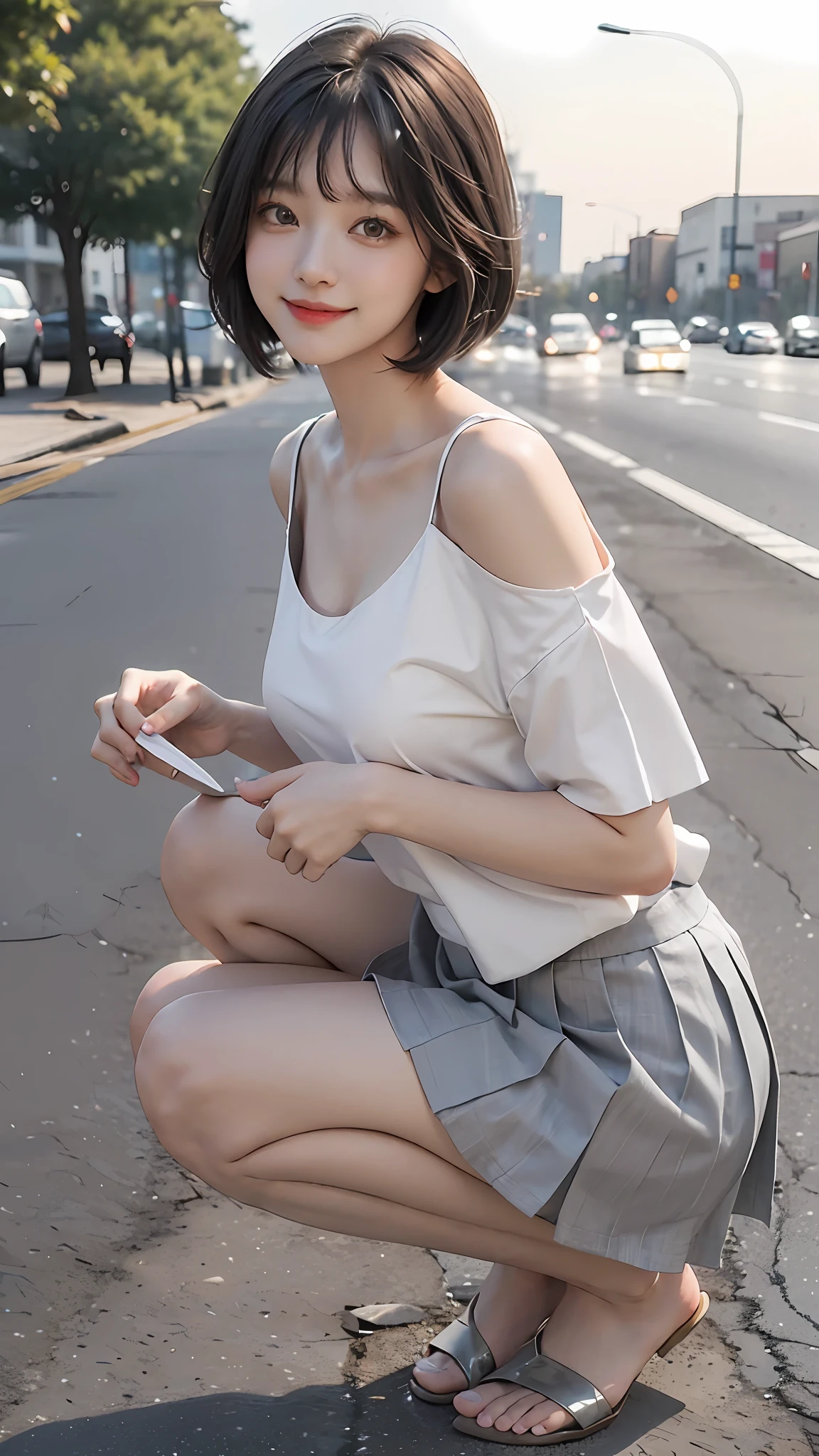 1 girl, white shirt, gray pleated skirt, short shoulder-length black hair, long split bangs in half, cute smile, taking selfie, half body, big chest, outside, squatting, evening sky