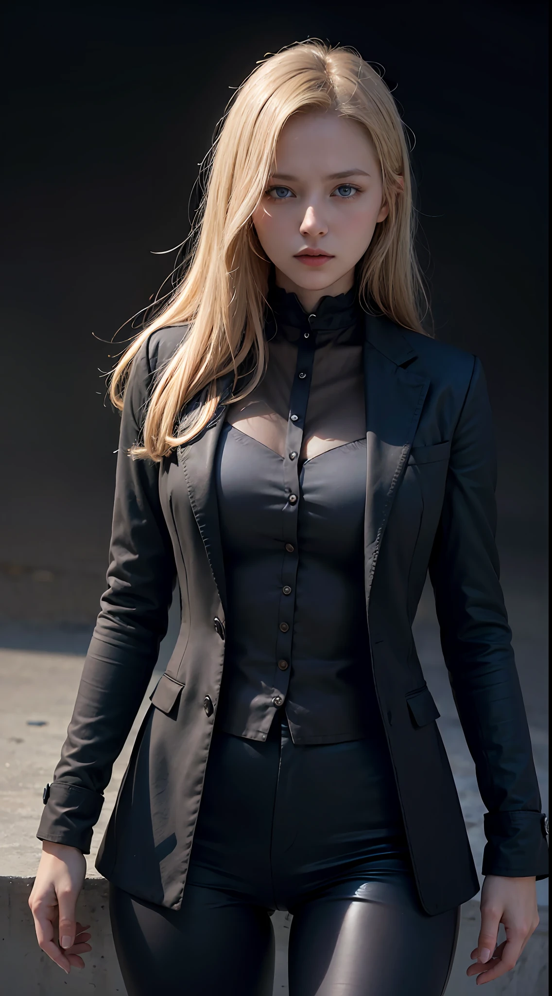 Best quality, masterpiece, ultra high res, (photorealistic:1.4), raw photo, 1girl, blonde hair, blue eyes, detailed eyes and face, black suit, dynamic lighting, in the dark, deep shadow, low key, cowboy shot full-lenght body