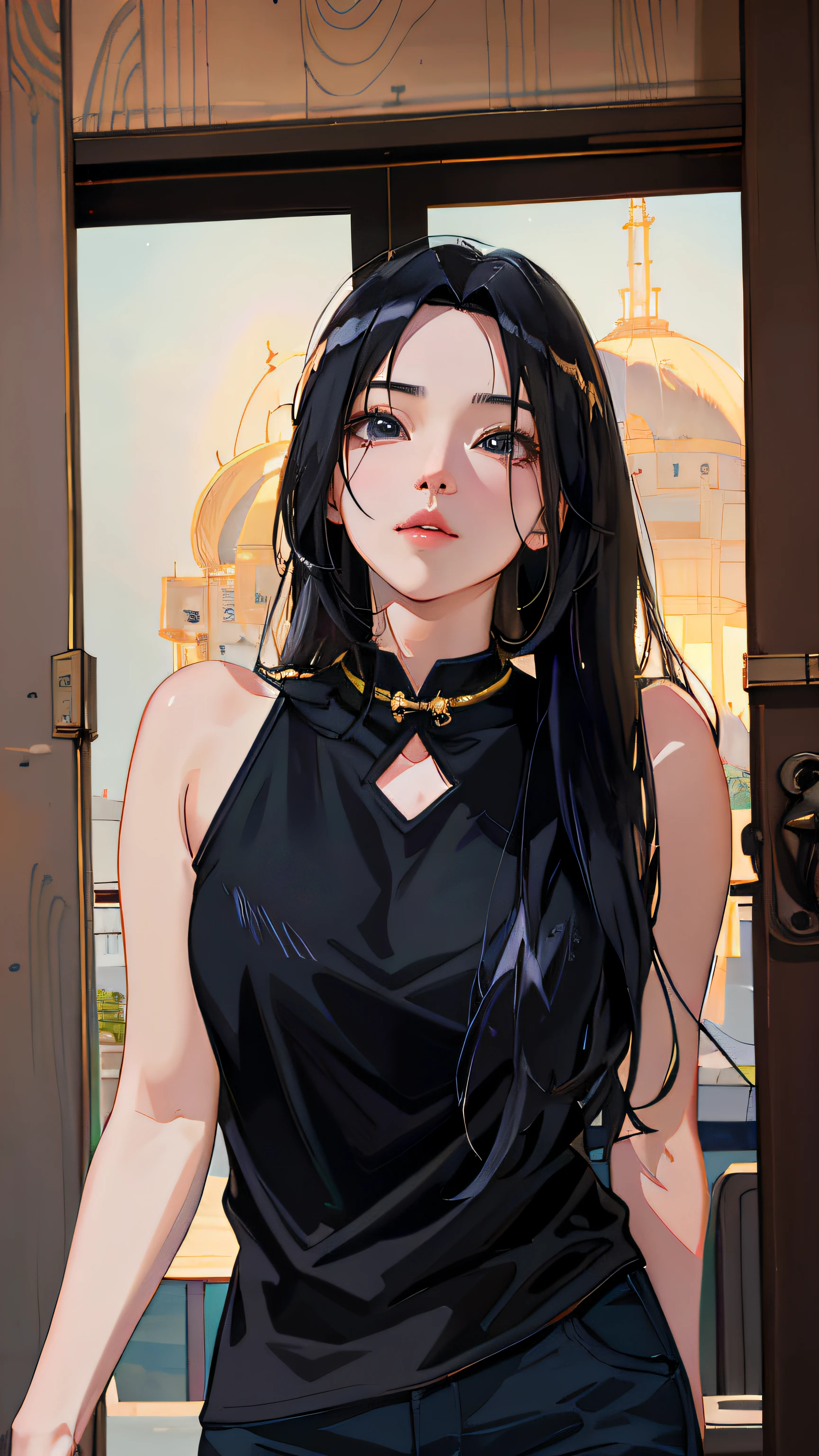 Anime girl with black hair and black cheongsam standing in front of the door, Guviz-style artwork, Digital anime illustration, attractive anime girls, seductive anime girls, realistic anime artstyle, Digital anime art, Anime girl wearing black dress, Anime style. 8K, portrait anime girl, Beautiful anime girl, style of anime4 K, a beautiful anime portrait，Realistic anime 3 D style, Anime style. 8K, anime realism style, realistic anime artstyle, Photorealistic anime,style of anime4 K, Guviz-style artwork, Casual pose，（（tmasterpiece，best qualtiy）），illustratio，Ultra-detailed 8K，Photorealsitic，Clear focus，A highly detailed，Professional lighting，Colorful detailed，Rainbow color BREAK factory super long shot，with light glowing，Complicated details，Shitu-mecha，1girl stands in front of the audience，Bigchest。