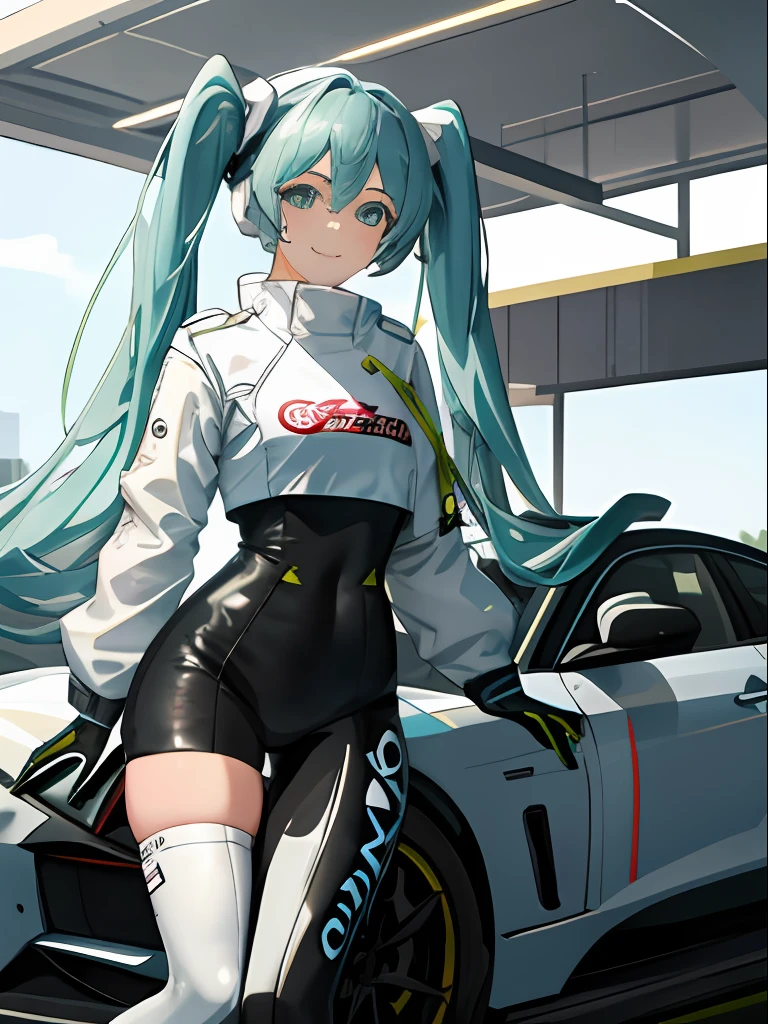 masterpiece,(ultra-detailed),1girl, smile, car, racecar, circuit, racing miku, black bodysuit, cropped jacket, white jacket, long sleeves, two-tone gloves, thigh boots,