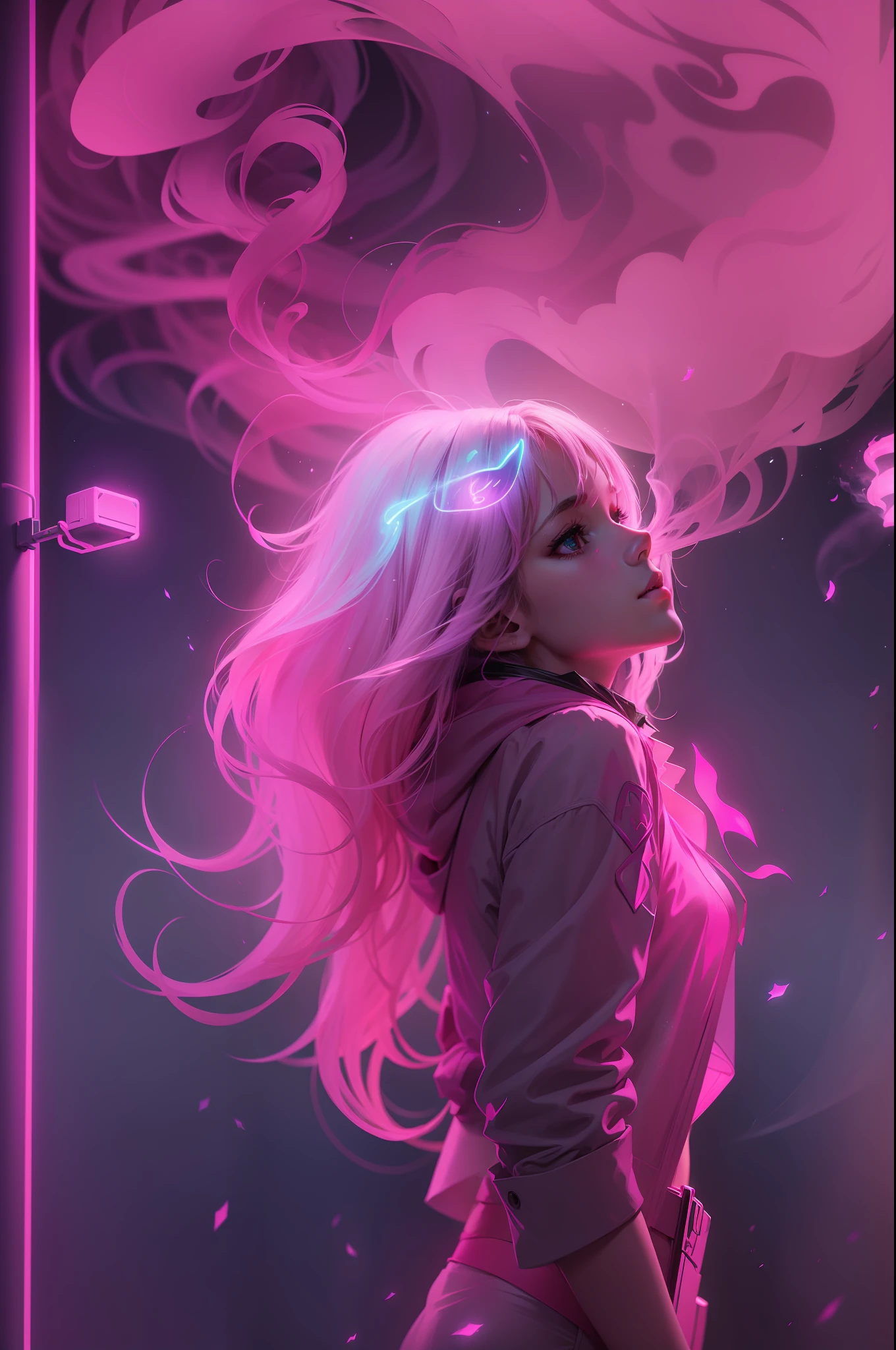 （1 girl），the phantom，Swiftstep，Phantom，Pink neon rendering smoke，Particle effect，misterious，Twinkle，Fill light，Colorful water floats in the air