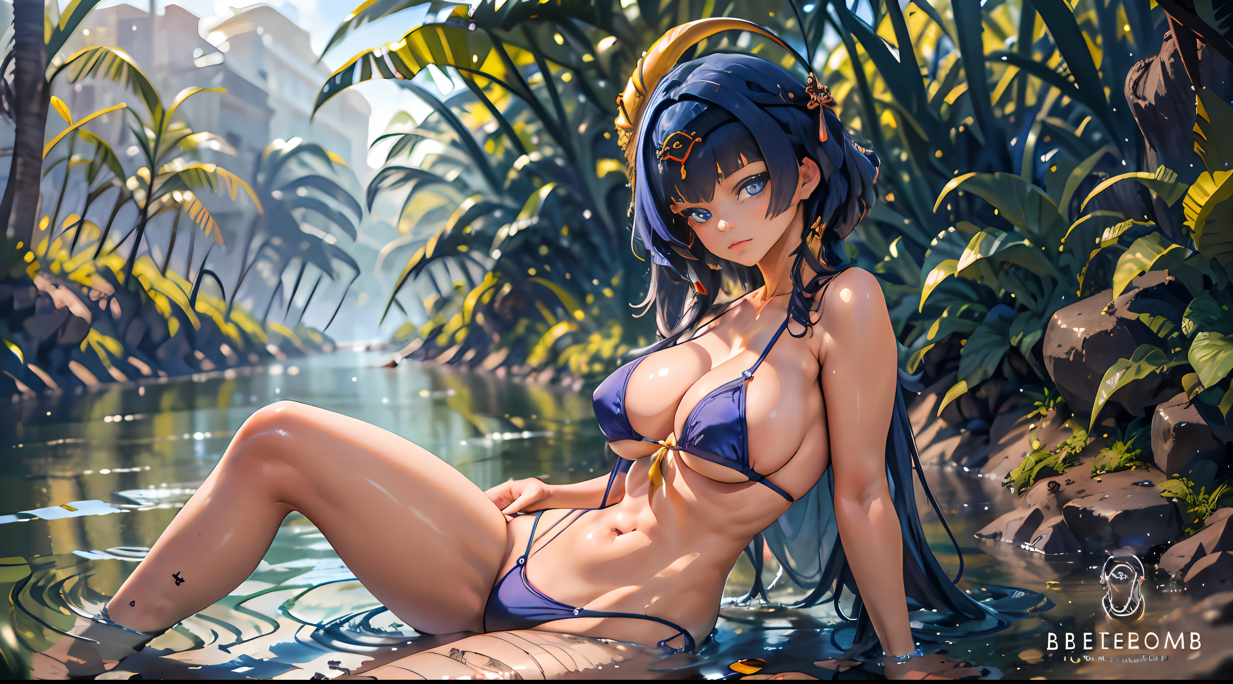Candace Genshin Impact, Iwhole body, (NSTDA.:1.2), (10, beste-Qualit, master-piece: 1.4), ultra-high resolution, (realistic, photorealistic: 1.48), Cute Girl 25 years old , ( Beetle Micro See-through bikini:1.11), huge breasts, famous Japanese celebrities, blue eyes, head tilt, cowboy style Side view Looking at viewer Emotionless Beautiful river in the forest Zeiss 150mm F/ 2.8 Hasselblad Whole body Foot Ultra Wide angle