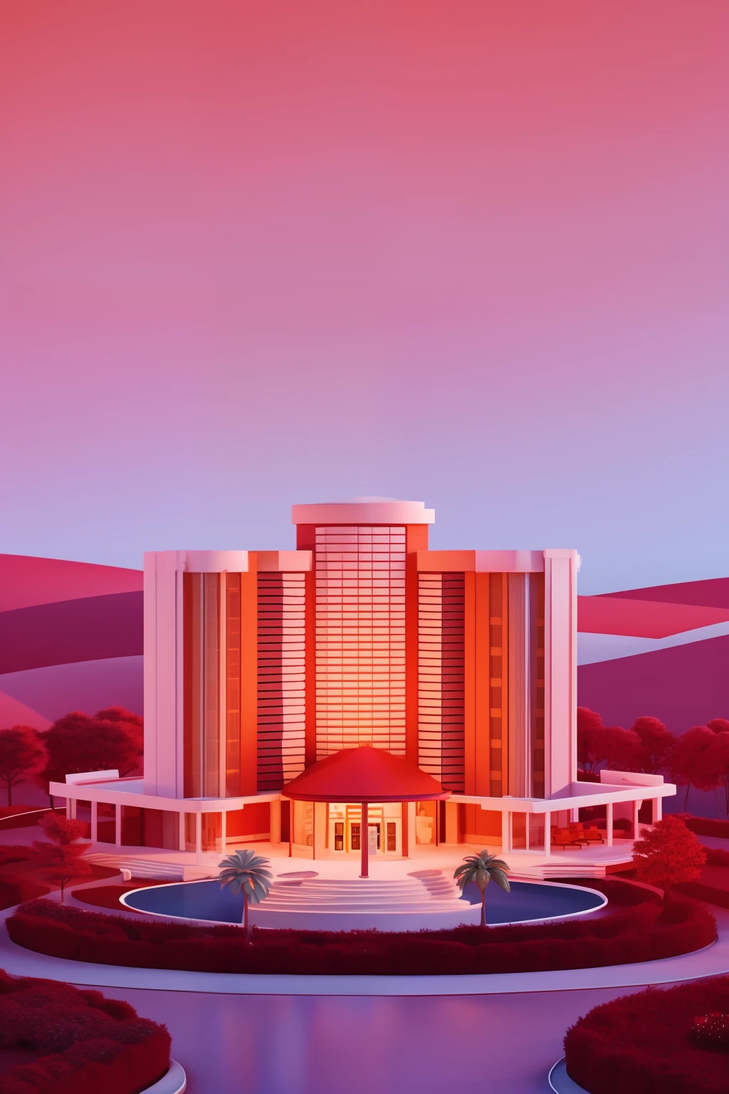 Disney style,3Drenderingof, simple scene,Beautiful, romantic and festive modern building, Bright environment, poster for, Simple 3d building,Cartoon scene in red tones,In the daytime,Aerial perspective,