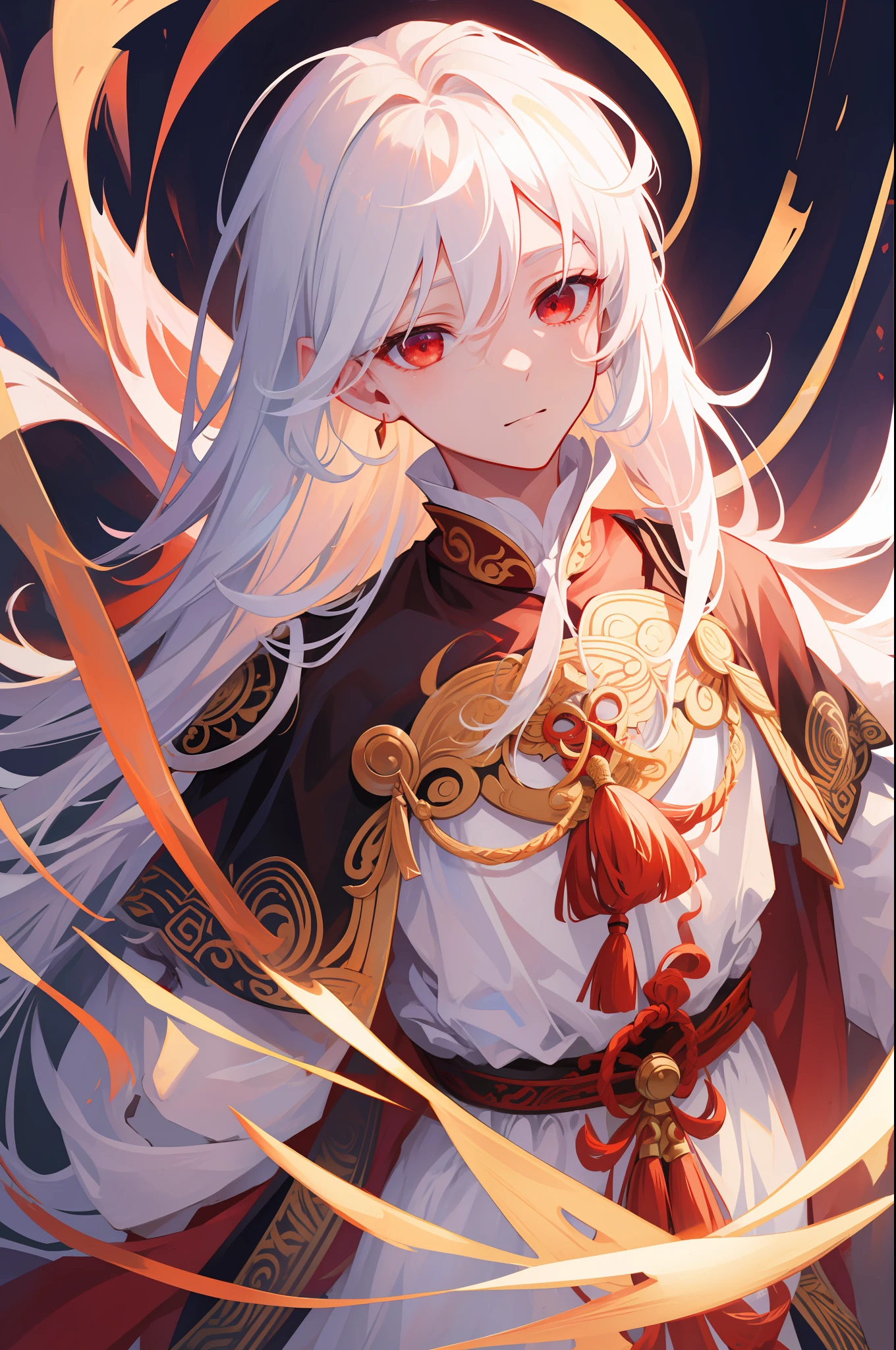 nsfw, masterpiece, best quality, ultra-detailed, semi-realistic, detailed facial features, 1boy, white hair, long hair, red eyes, wearing a detailed and intricate xianxia ancient clothes