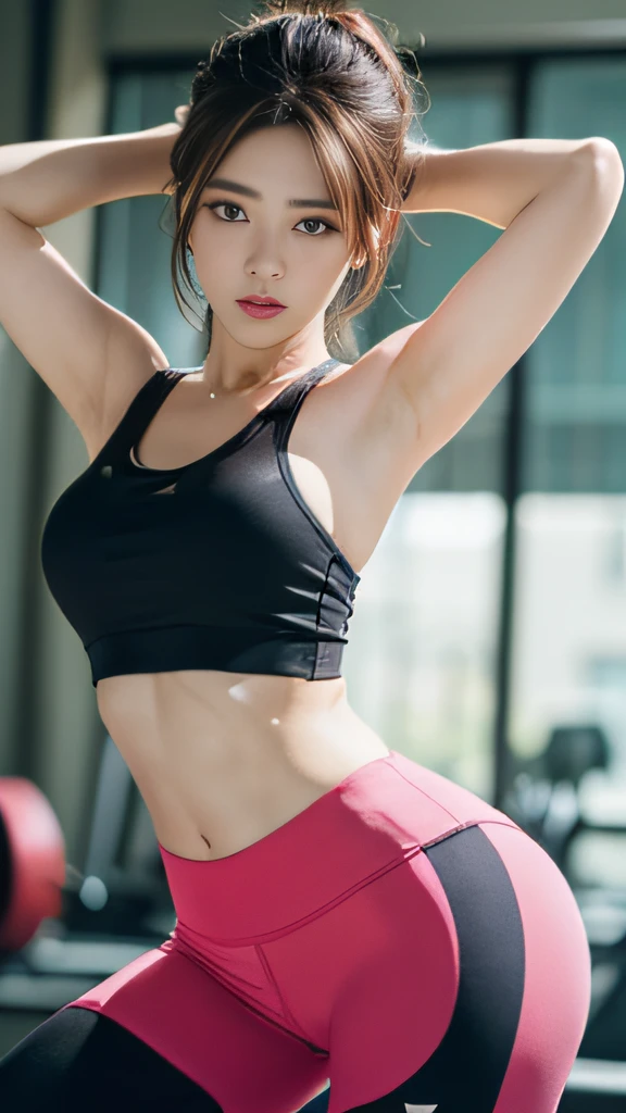 ((photorealistic lighting, Top  Quality, 8K, ​masterpiece: 1.3)), Clear Focus: 1.2, 1人の女性, Perfect Body Beauty: 1.4, Slim Abs: 1.1, ((Dark-brown hair, larger: 1.3)), (Accelerate: 1.4), (gym, nighttime: 1.1), gym,Yoga Pants, Slim Faces, Narrow Eyes, Double eyelidd, Valley exposure, Incredibly Absurd, Messy hair, Floating head,  fashion model pose,Full-body shot,Yoga pants in different colors,Colorful tops,