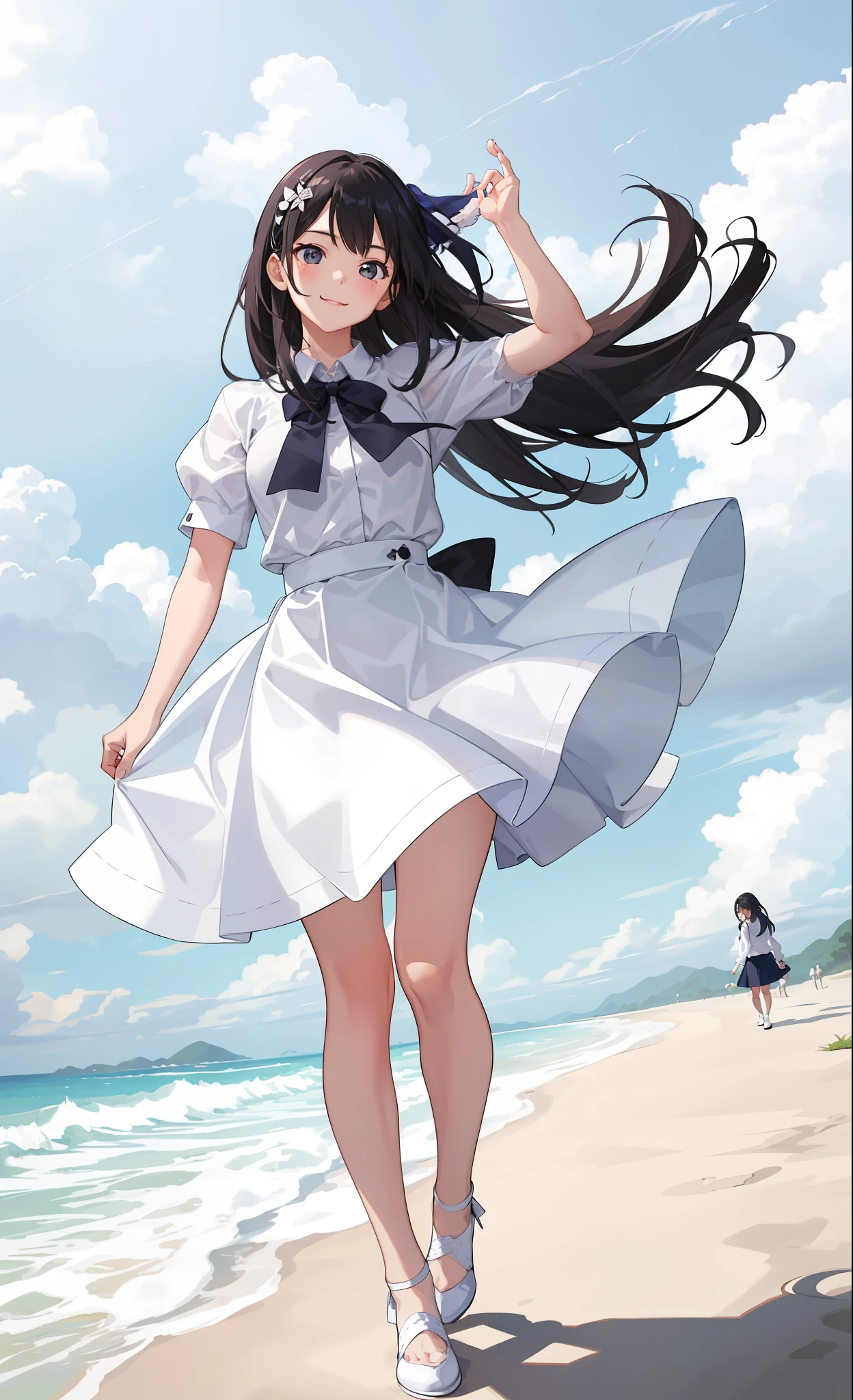 1girl in、A smile、The shirt、skirt by the、White fluffy dress、（small tits）、Chilarism、movement、the wind、