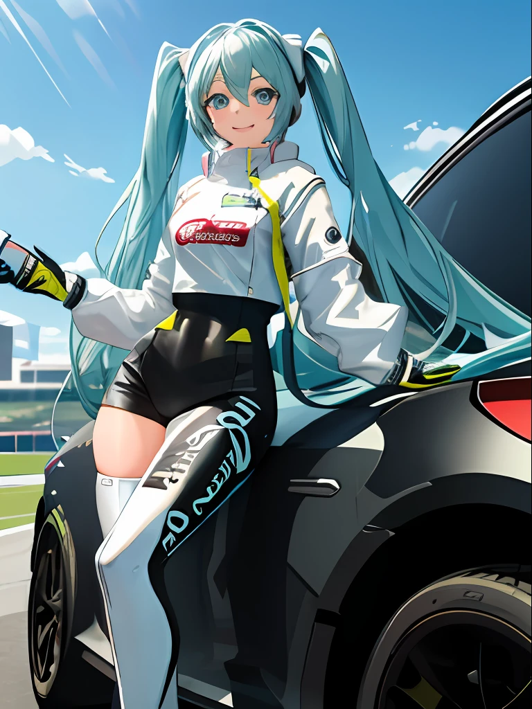 masterpiece,(ultra-detailed),1girl, smile, car,  racecar, circuit,  racing miku, black bodysuit, cropped jacket, white jacket, long sleeves, two-tone gloves, thigh boots,
