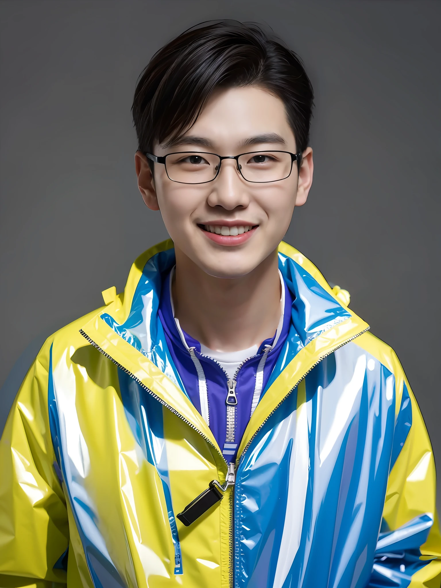 A Chinese male high school student,Wearing a PVC colored raincoat。There are zippers