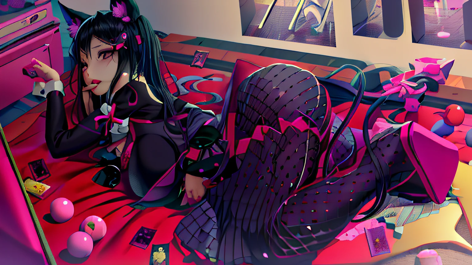 Anime - Style woman lying on bed in black and pink clothes, commission for high resolution, hanayamata, 8K high quality detailed art, pixiv 3dcg, trending on cgstation, nekomimi, ahegao, Best anime 4k konachan wallpaper, the anime girl is crouching, shalltear from overlord