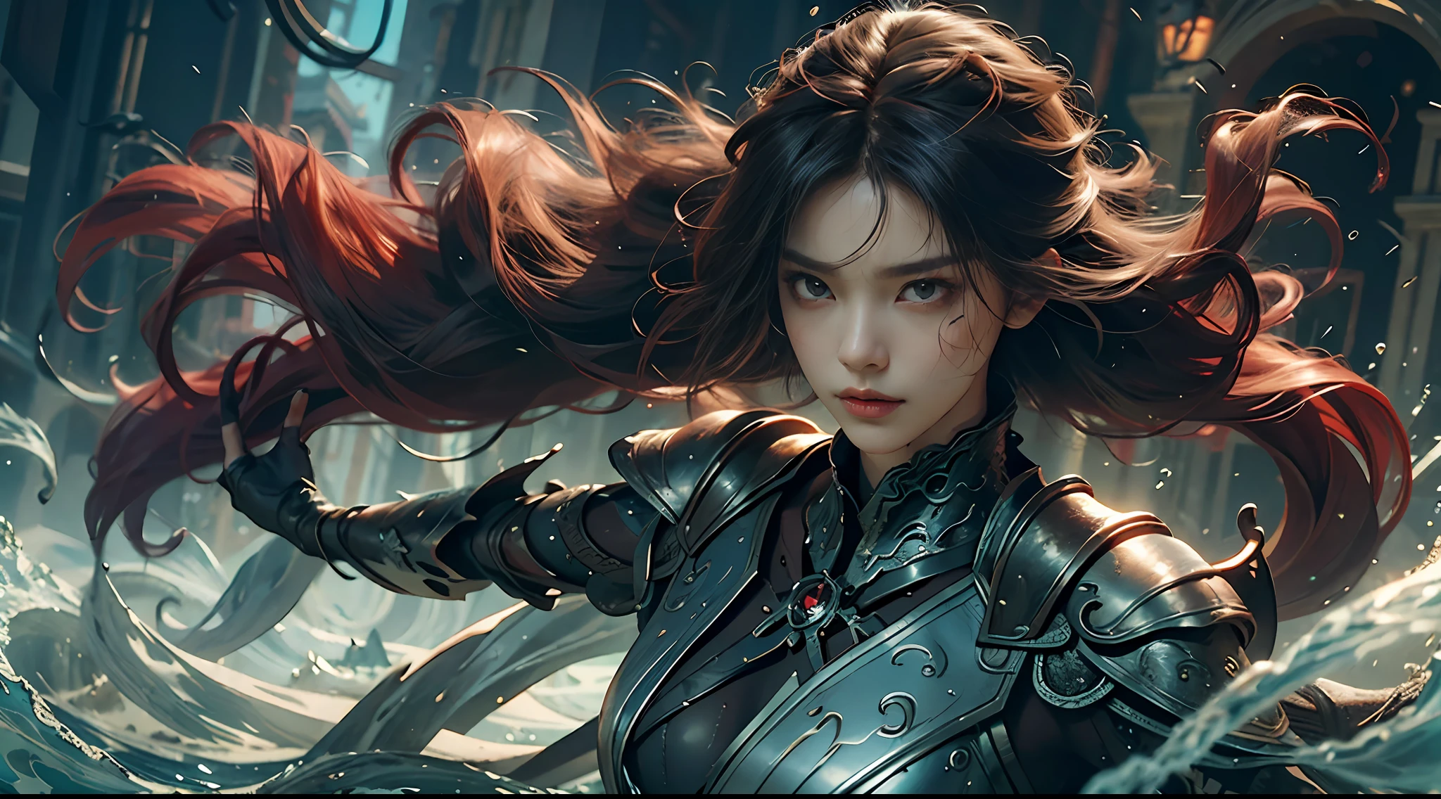 {{master piece}}, pinnacle rendering, realistic rendering, dark red rendering, metal rendering, {{color ink painting}}}, {{splash ink}}}, {{color}}, {{color}}, gorgeous rendering, best quality, illustration, flame, smoke, doomsday world, splash ink fire sea doomsday, full body, 1 girl, exquisite facial details, delicate facial features, real face, beautiful details eyes, deep pupils, broken city details, beautiful details long hair, wavy hair, broken detail street, transparent mechanical core, cyborg girl, detail, cool, tight grooming, lace finishing, linear light costume retouching, light rendering, reflection, highlight, holy light, confidence, charm, battle stance detail close-up, fire day, {filigree}, colored background, a dragon stands behind the girl, sea of fire, {tornado special effects}, beautiful details red dragon armor, (cold face, confident) great depth, depth of field, 360° panoramic picture, fierce and magnificent battle scenes, broken mirrors, fingers all hidden and not displayed, small mouth closed