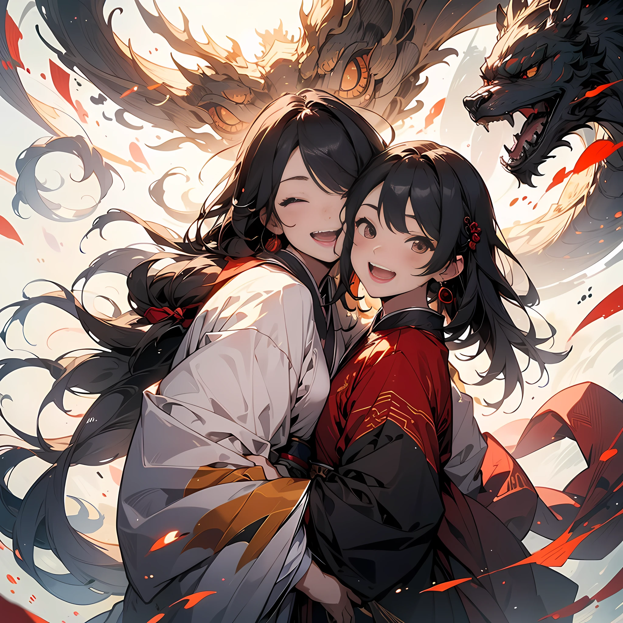 group of people,Wearing Hanfu,Chinese costumes,tmasterpiece,Works of masters,long whitr hair,full bodyesbian,Open-mouthed,ssmile,big laughter,Hug big laugh