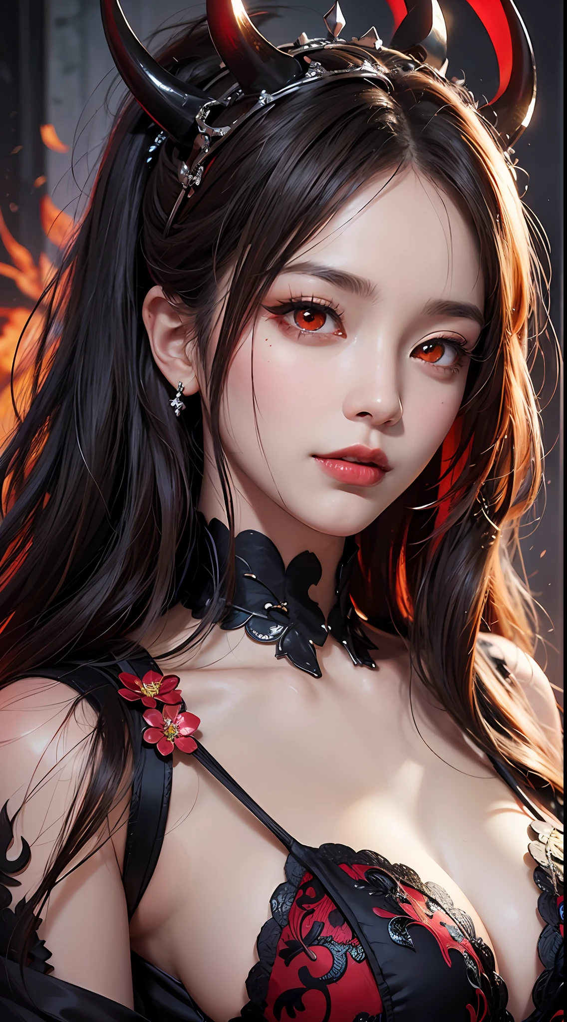1 beautiful devil woman from hell, surreal female portrait by David Hockney and Alphonse Mucha, fantasy art, chinese doll, photorealism, dynamic lighting, artstation, poster, volumetric lighting, very detailed faces, 8k ultra, awarded, in the dark, low key, cowboy lens, (Red phoenix dress: 1.0), long hair, black hair, bust, devil's Palace, devil crown, red eyes make up very sharp and detailed, the most beautiful face, super tight breasts, breast augmentation, the breasts are very big and round and round, super realistic, chinese women's clothing, polo neck sweater, charming smile, the eyes are very well made up, ((red eye:1.6)), guweiz, devil style, wearing black mesh socks, ponytail with a bow tied at the back of the hair, plump and beautiful red lips, wearing a thin red and black robe, Hands pull the straps to reveal sexy breasts, the landscape is overcast and thunderous, beautiful female devil portrait, close-up of the main character, (detailed spooky background:0.8), HDR, UHD, 8kquality, detailed pixel, facing the beautiful girl, looking at the girl body,