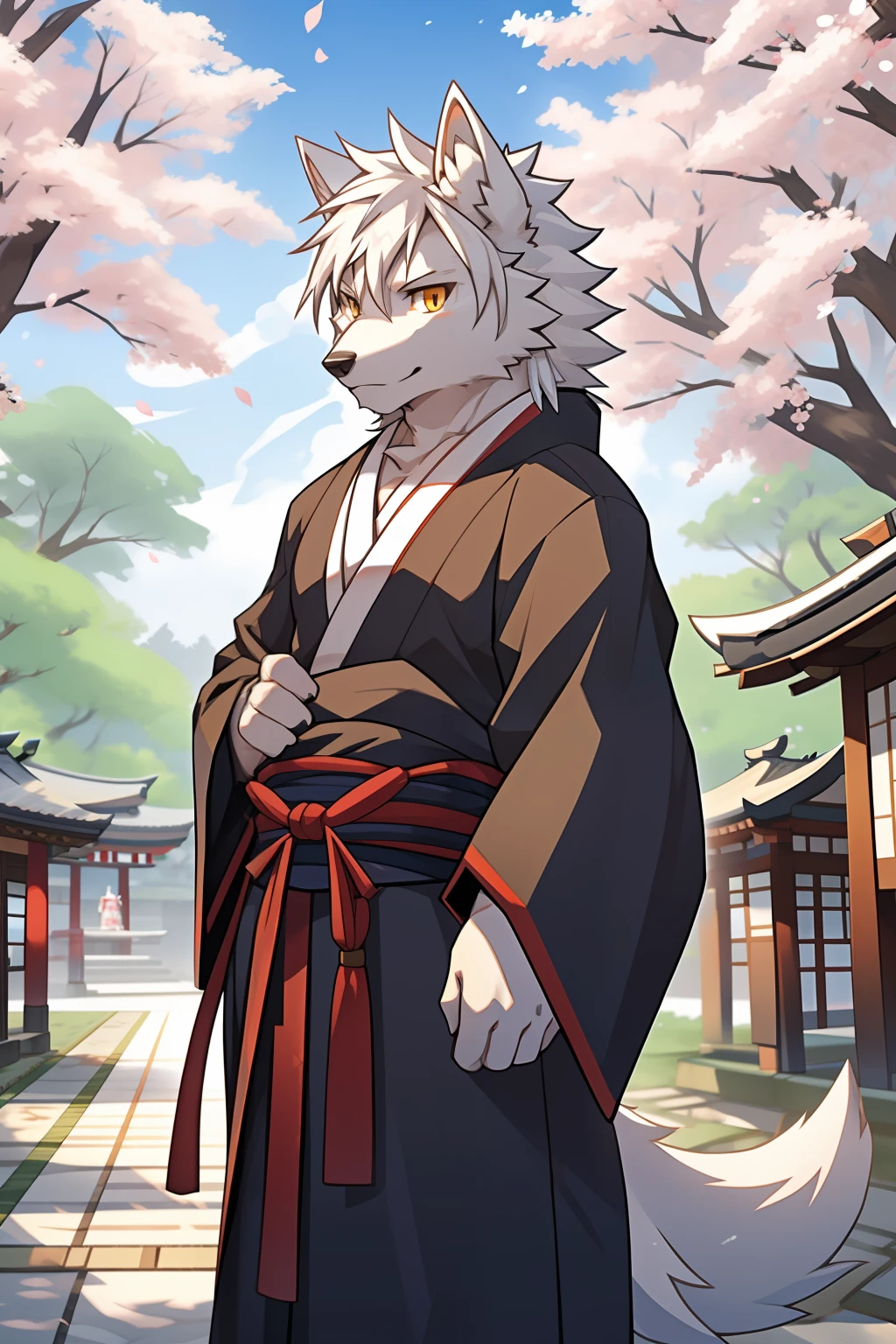 Shrines,under a sakura tree,Japanese style,solo person,White body,White ears,White hair,Overall white,Orange-yellow eyes,Wolf tail,Wolf orcs,Shiji Divine Wolf,Young,Wearing a Taoist robe,Ultra-clear screen,Soft lines