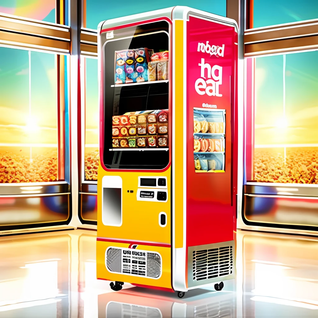 Snack vending machines， The big black screen in the middle is the monitor，There is an advertisement for snacks on the fuselage，Rich in color，White basemap