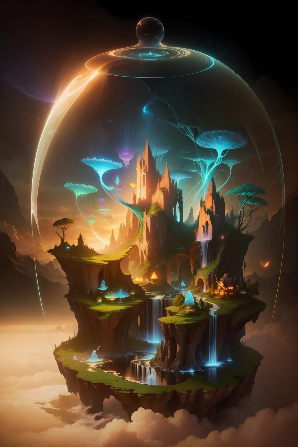 /imagine prompt: A magical realm suspended in the sky, where floating islands and waterfalls merge with colorful bioluminescent flora and fauna, creating a surreal and dreamlike environment, the air filled with a sense of wonder and adventure, Illustration, digital art with glowing effects, --ar 16:9 --v 5