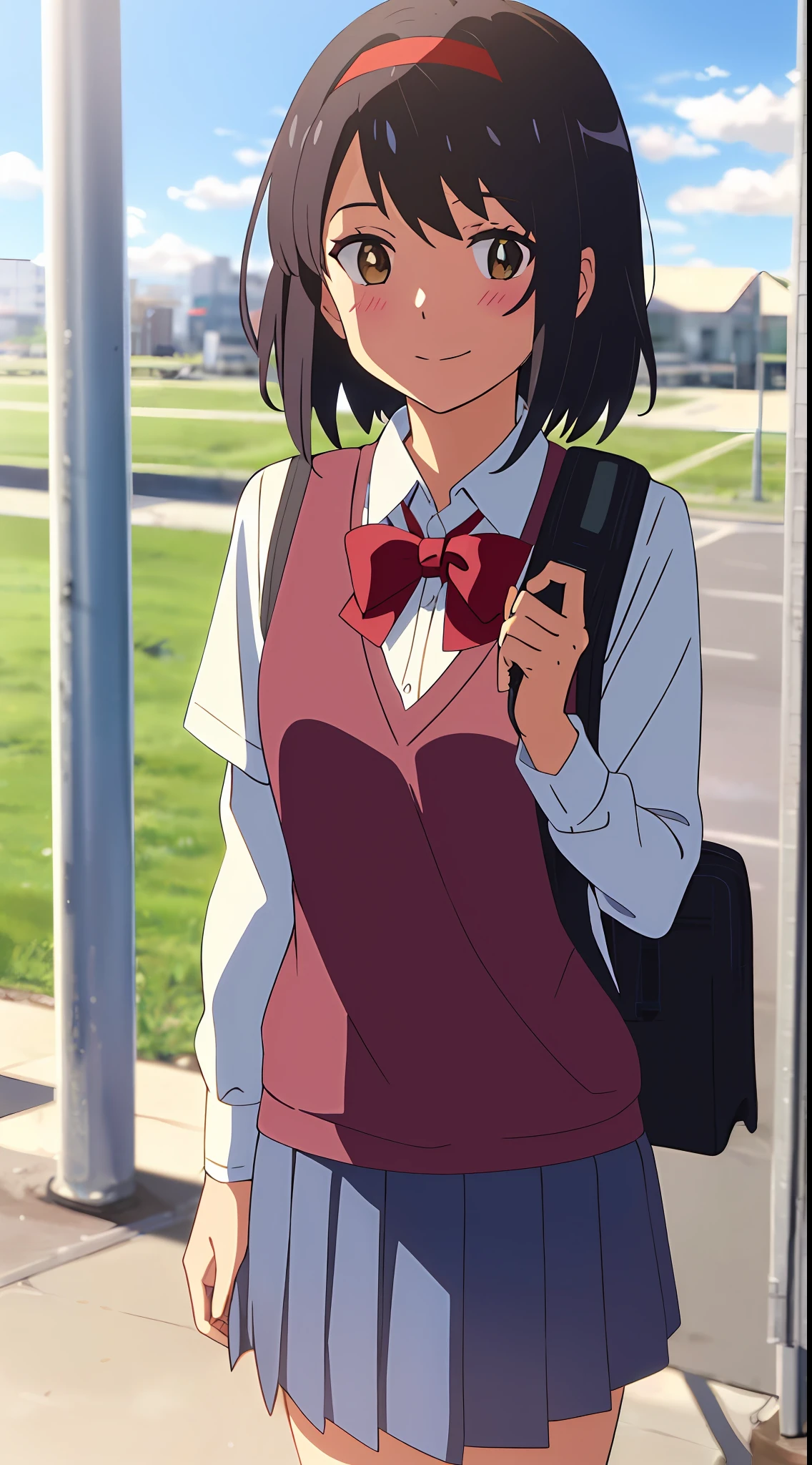 shinkai makoto, kimi no na wa., 1girl, bangs, black hair, blush, brown eyes, sky, cloud, collared shirt, looking at the viewer, outdoors, red headband, red ribbon, red bow, school, school uniform, short hair, smile, solo, white shirt, sweater vest, vest, yellow sweater vest, yellow vest, blue skirt, school backpack