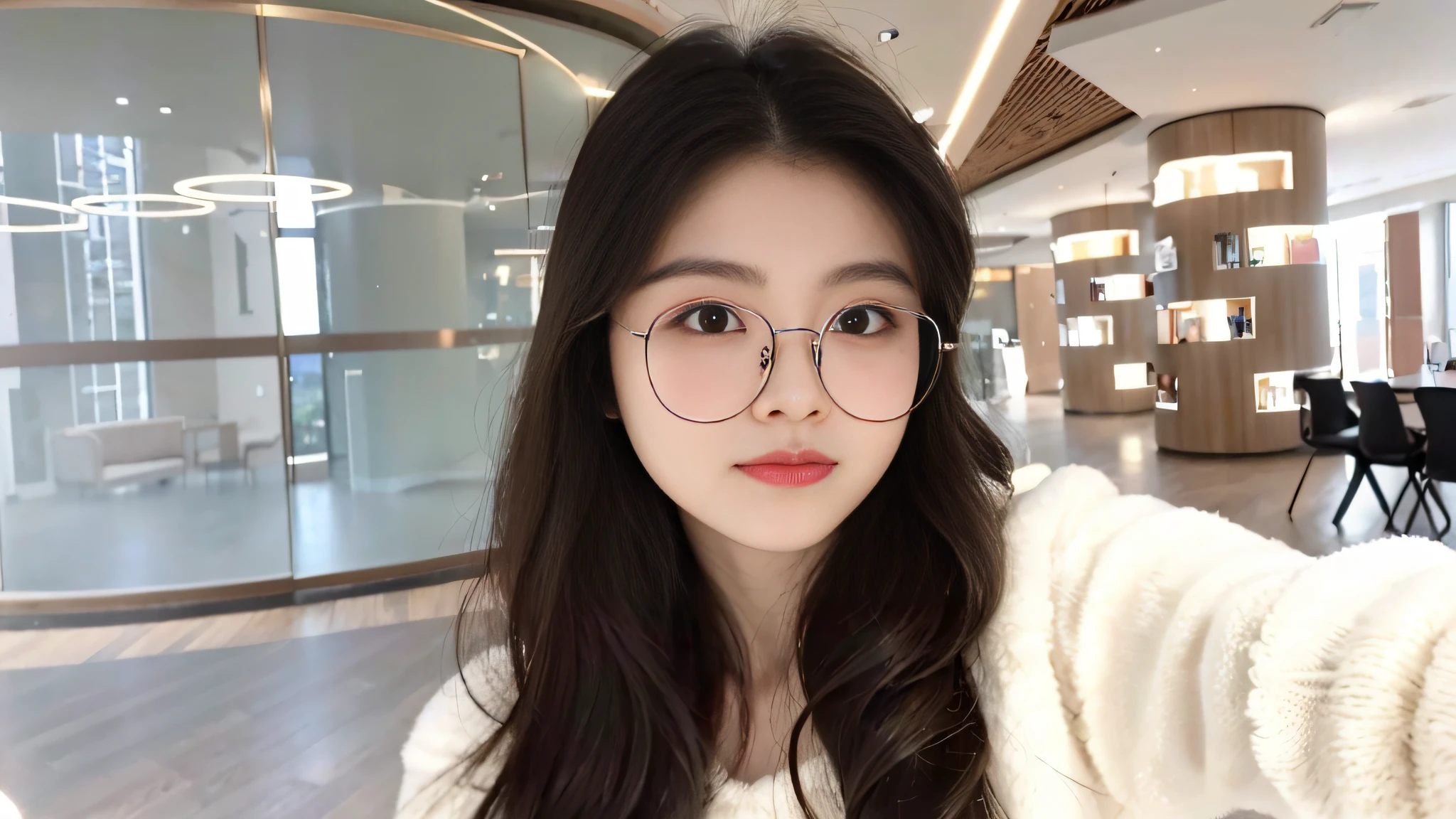 There was a woman taking a selfie in a large room, xintong chen, wearing thin large round glasses, wearing small round glasses, wenfei ye, With glasses, Li Zixin, headshot profile picture, xision wu, chengyou liu, Lin Qifeng, yanjun cheng, with round face, eye glass, Zhang Wanting, a girl with round glasses